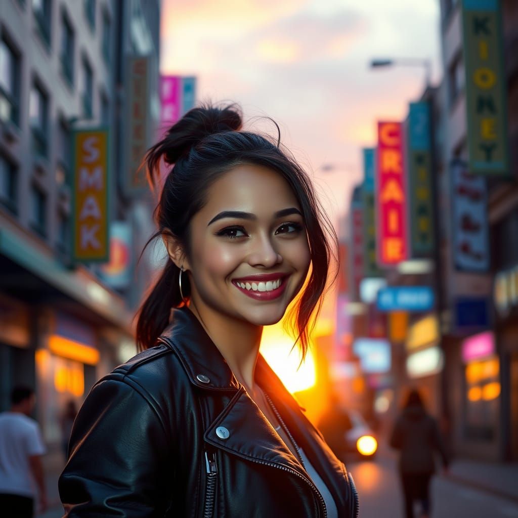 Young Woman in City Street at Sunset in Digital Art Style