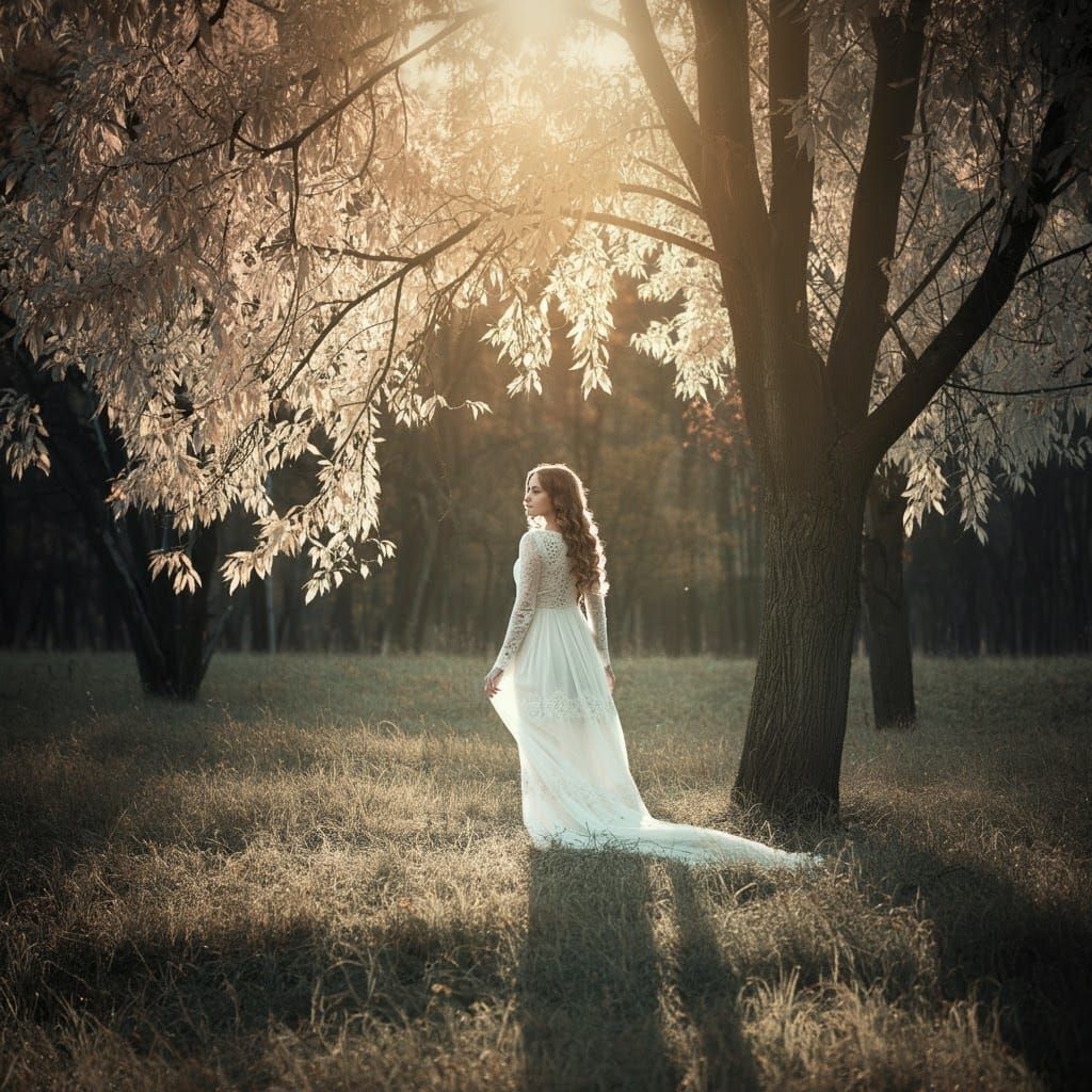 Woman in White Dress in Autumn Landscape