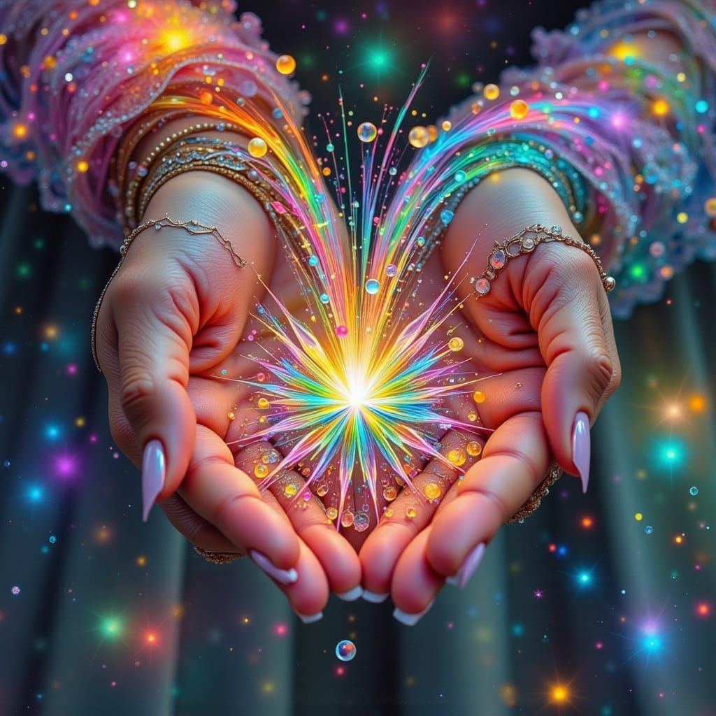 Surreal Rainbow Goddess Among Glass Fragments in Ethereal Wa...