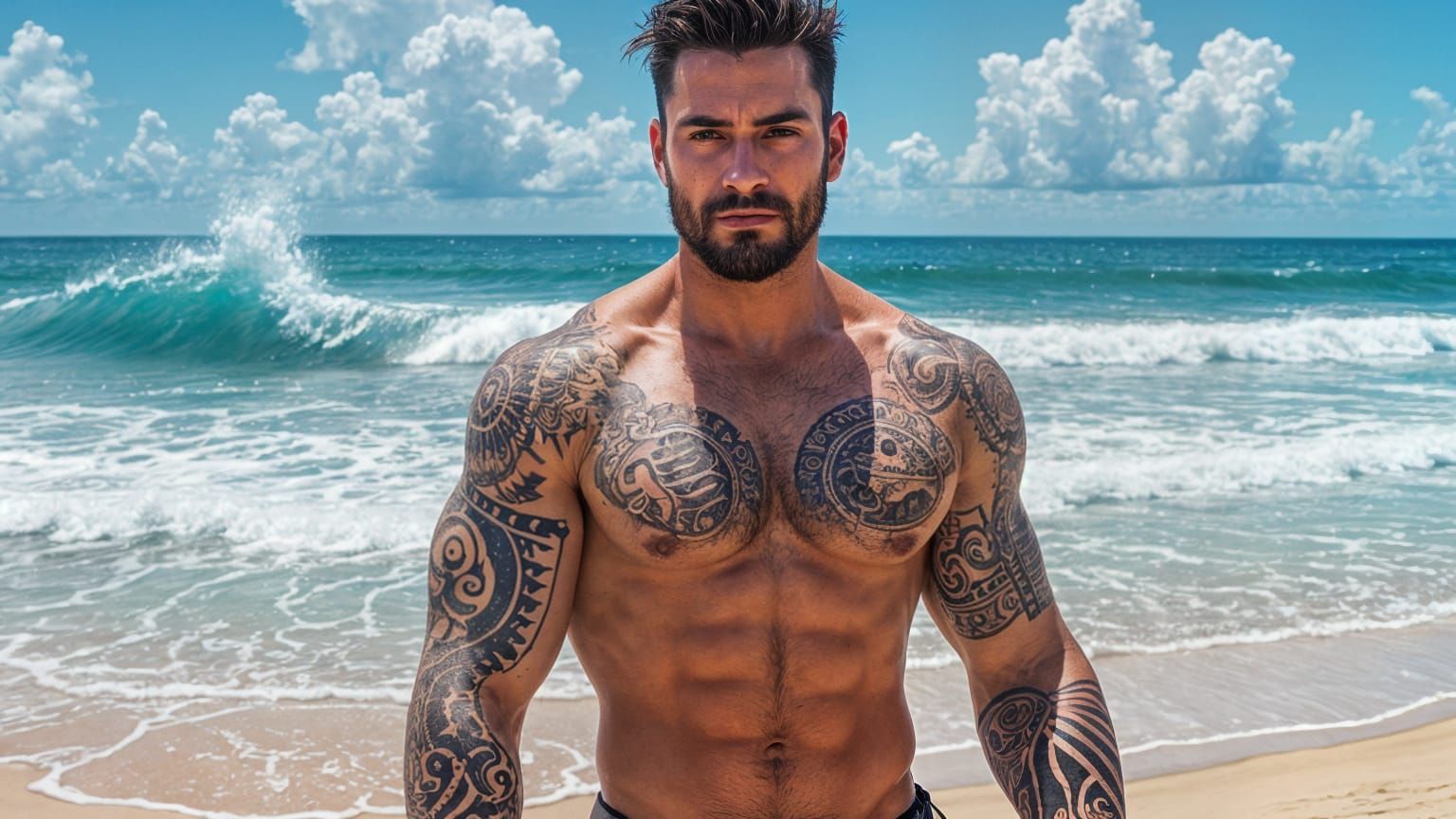 Muscular Man on Beach in Illustrative Photorealism