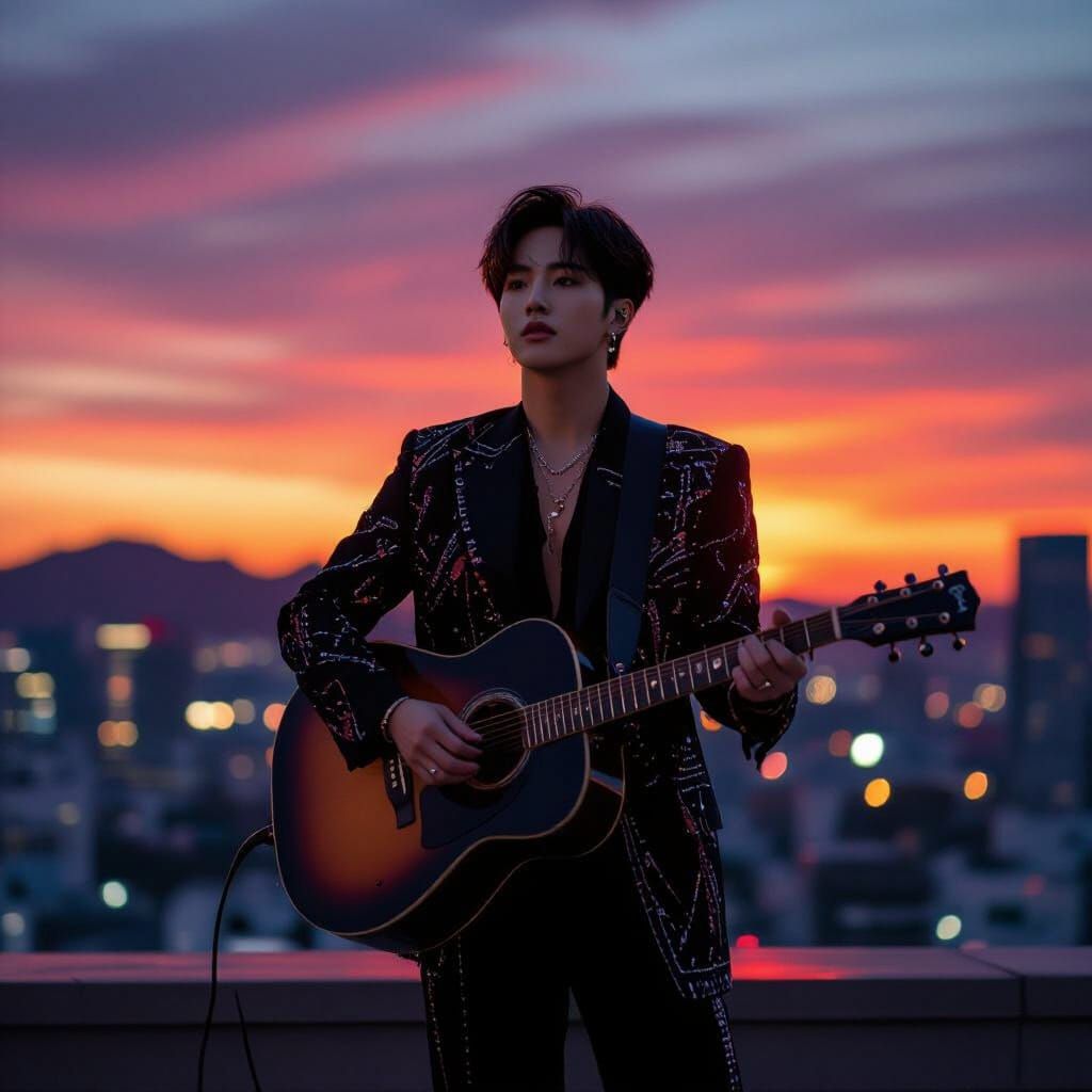 K-Pop Idol Jimin on Rooftop with Guitar at Sunset
