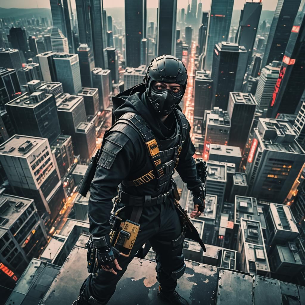 Cyberpunk Ninja on Skyscraper: Cinematic Film Still