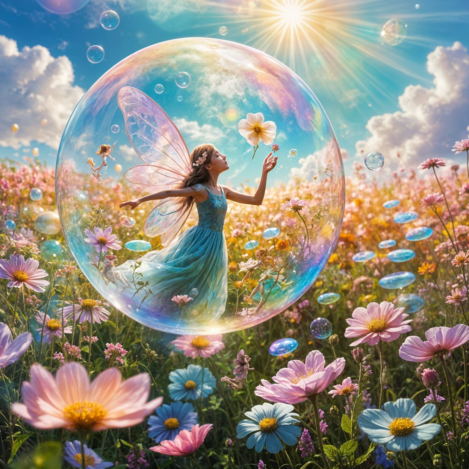Fairy in Bubble Above Magical Flowers