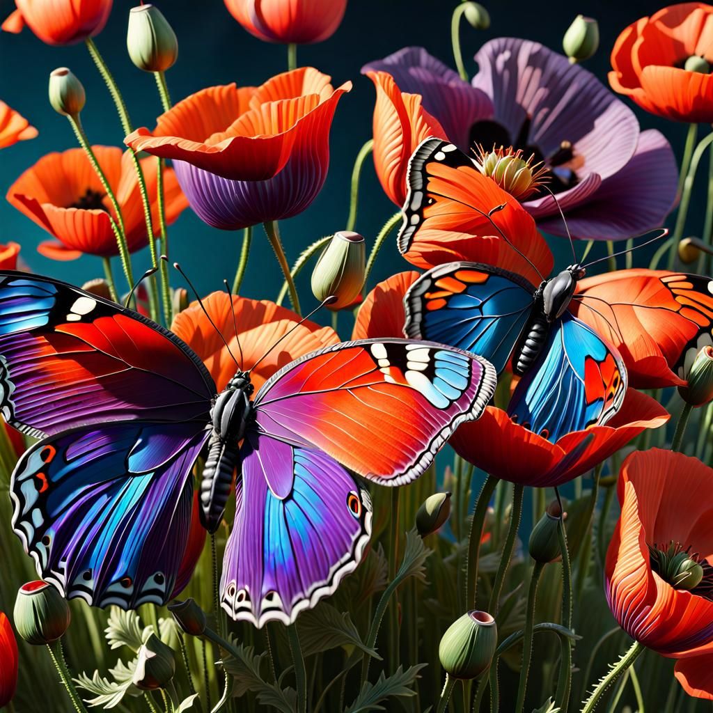 Butterflies Pollinating Poppies in Detailed Matte Painting S...
