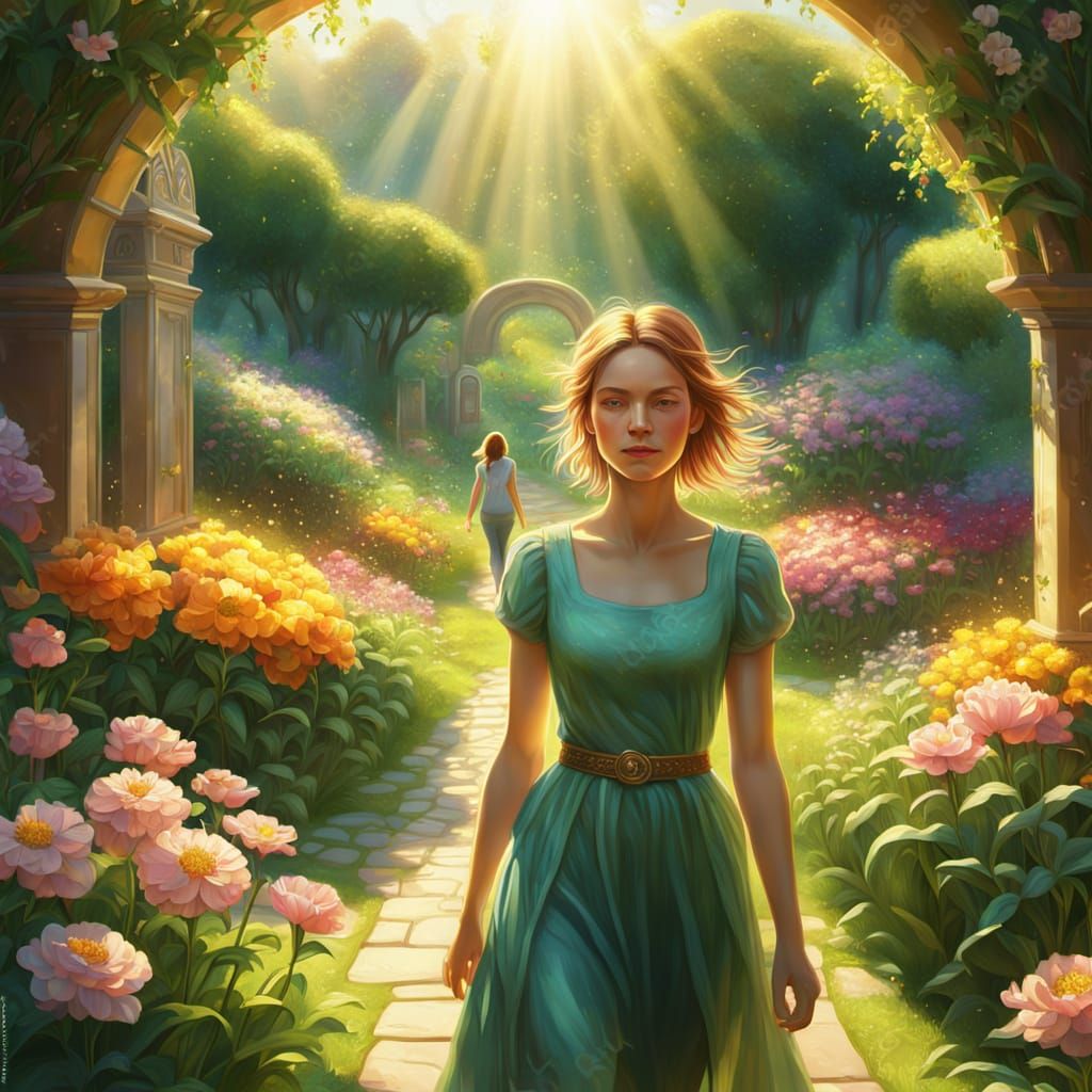 Woman in Fantasy Garden: Vibrant Oil Painting