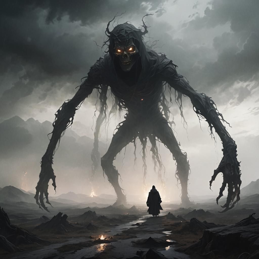 Dark Fantasy Spirit Looms Over Barren Landscape in Haunting,...