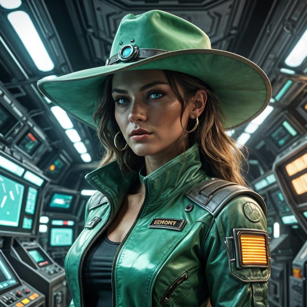 Rugged Cowgirl in Retro-Futuristic Space Station