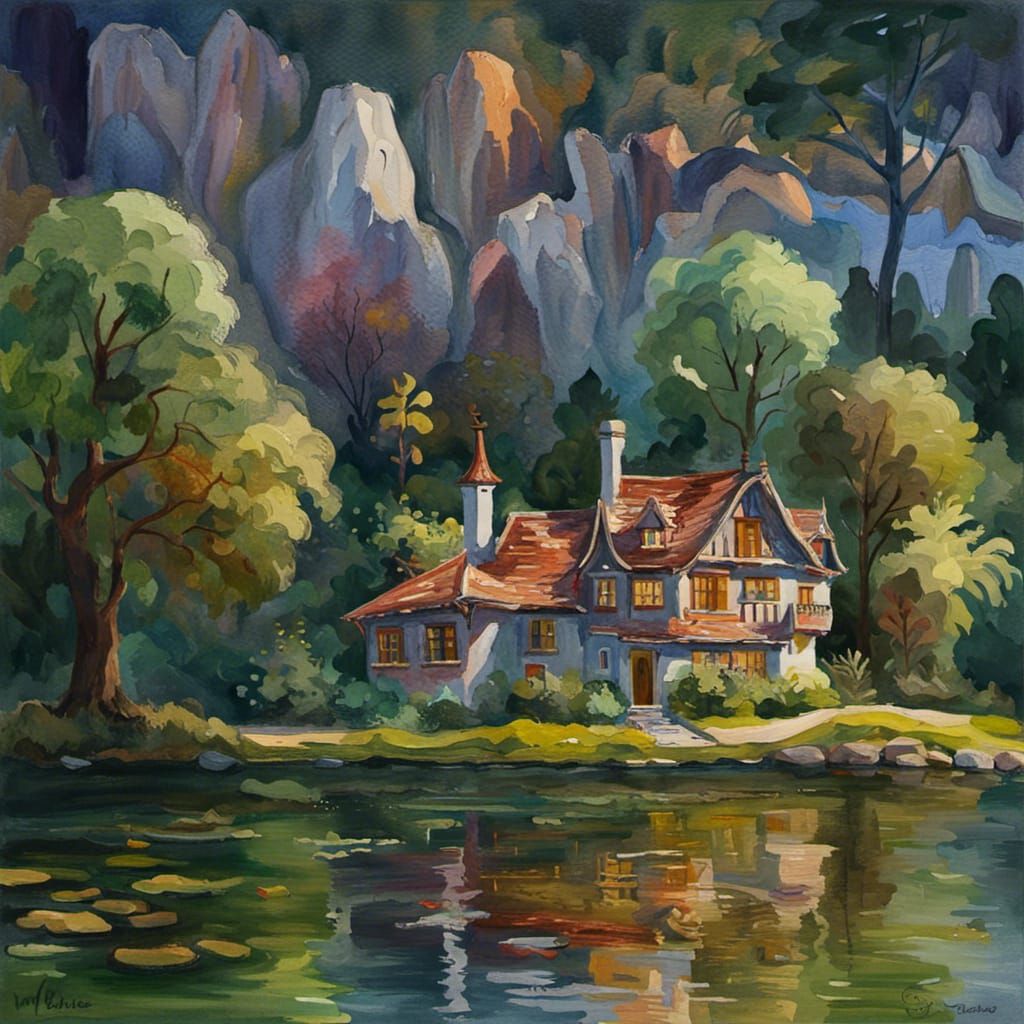 Fairy Tale House by Lake: Gouache Watercolor Impressionism