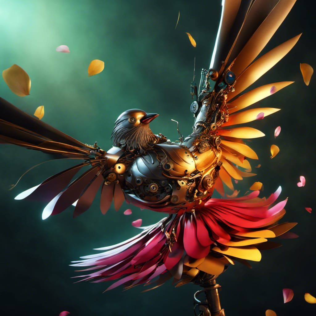 Steampunk Bird with Floral Wings, Detailed Fantasy Art