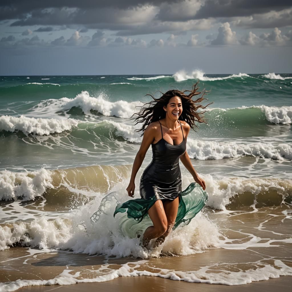 Sensual Model on Caribbean Beach with Crashing Waves