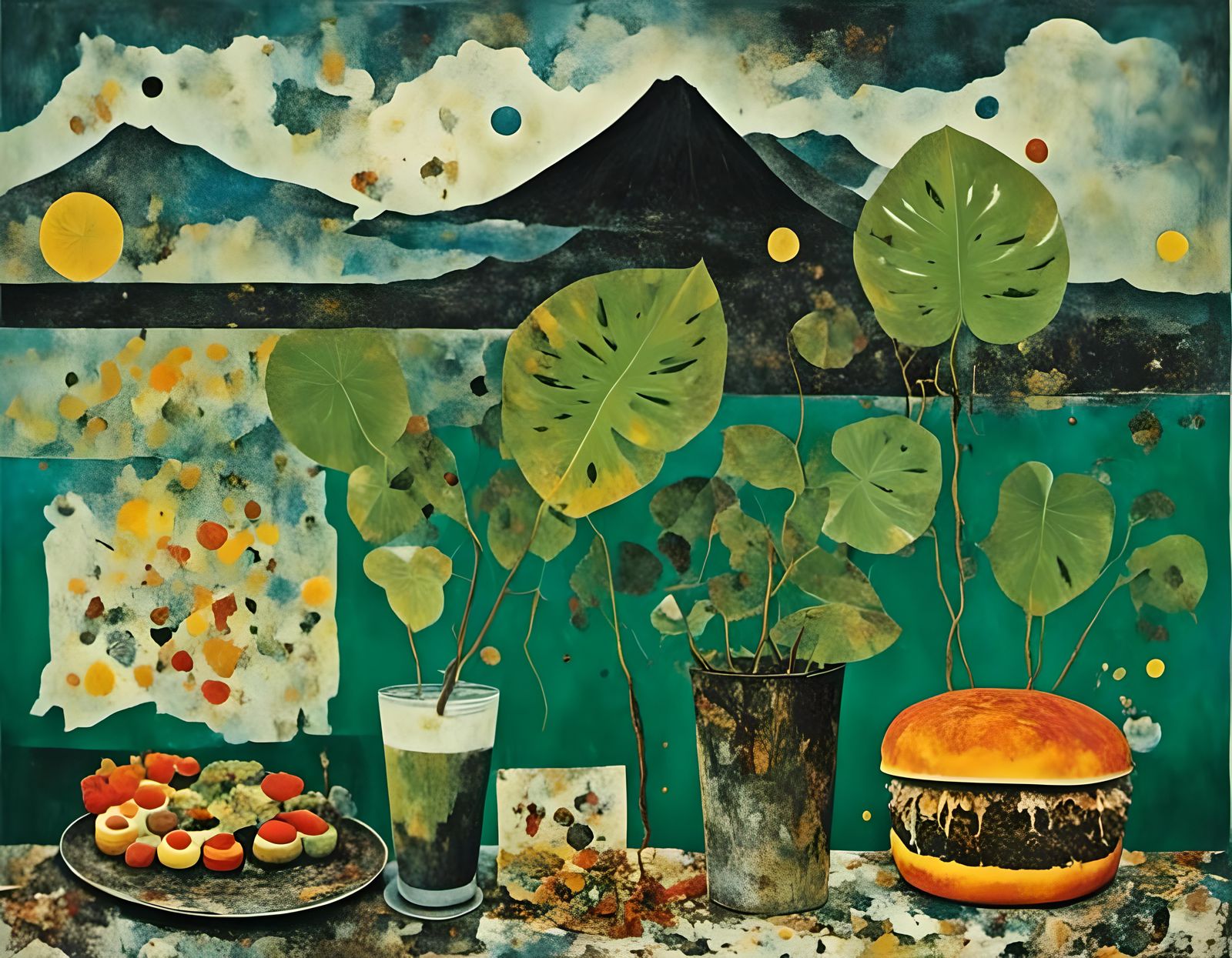 Bali Triptych: Frappe, Volcano, Burger Woodcut