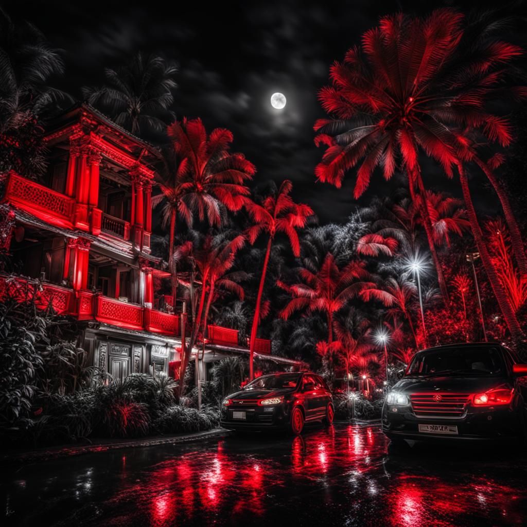 Hyperrealistic Black, Red, and White Composition