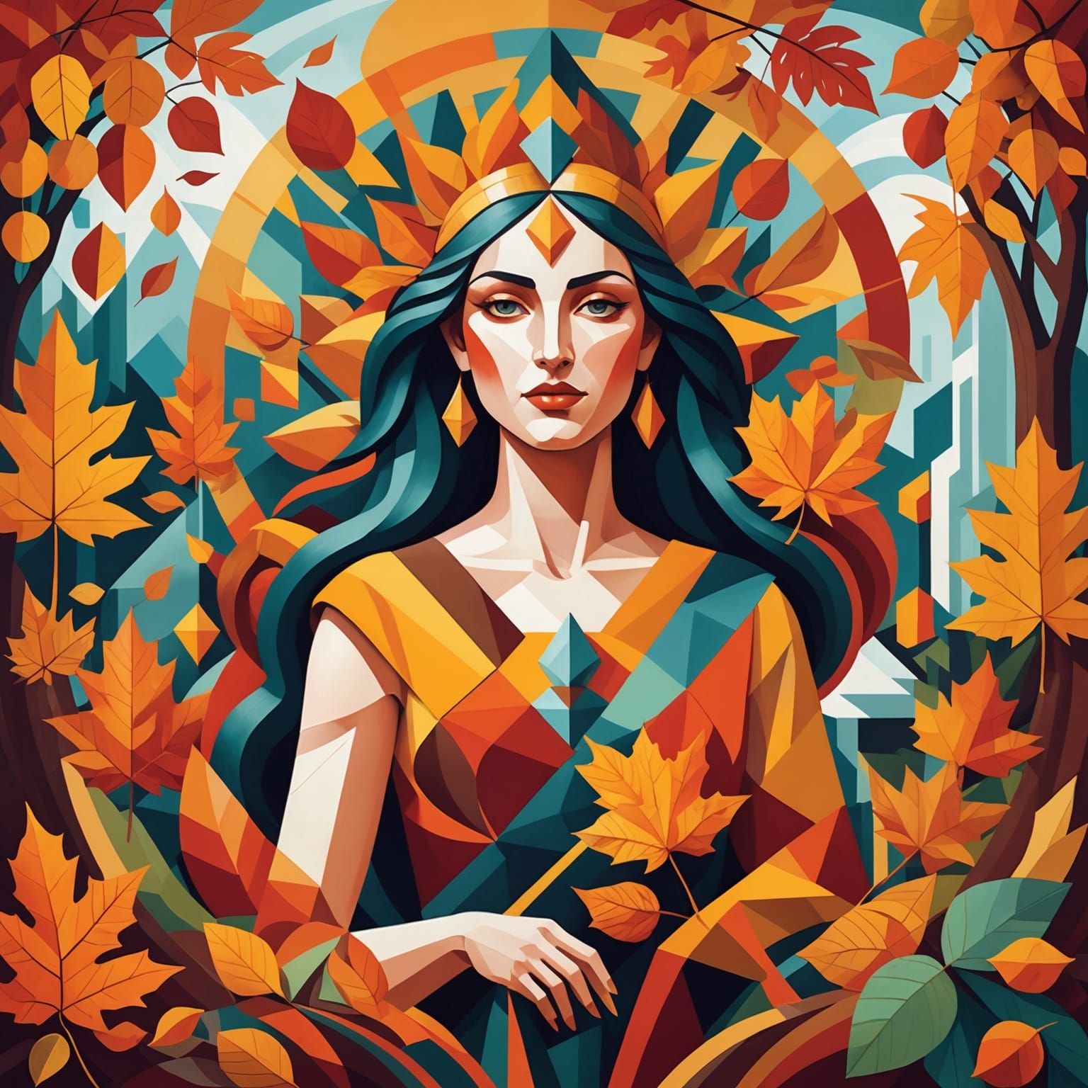 Autumn Goddess Season Change in Cubist Art Deco Style