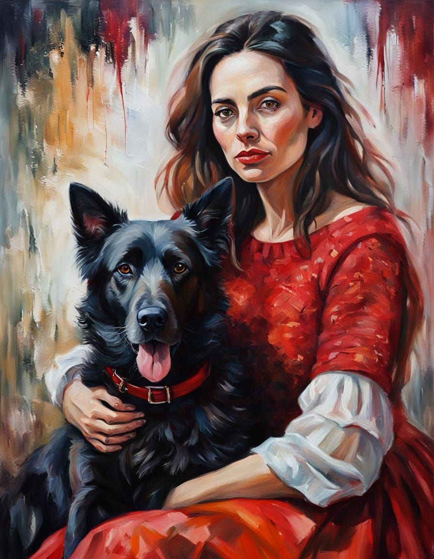 Woman and Dog Portrait in Expressive Oil Painting Style
