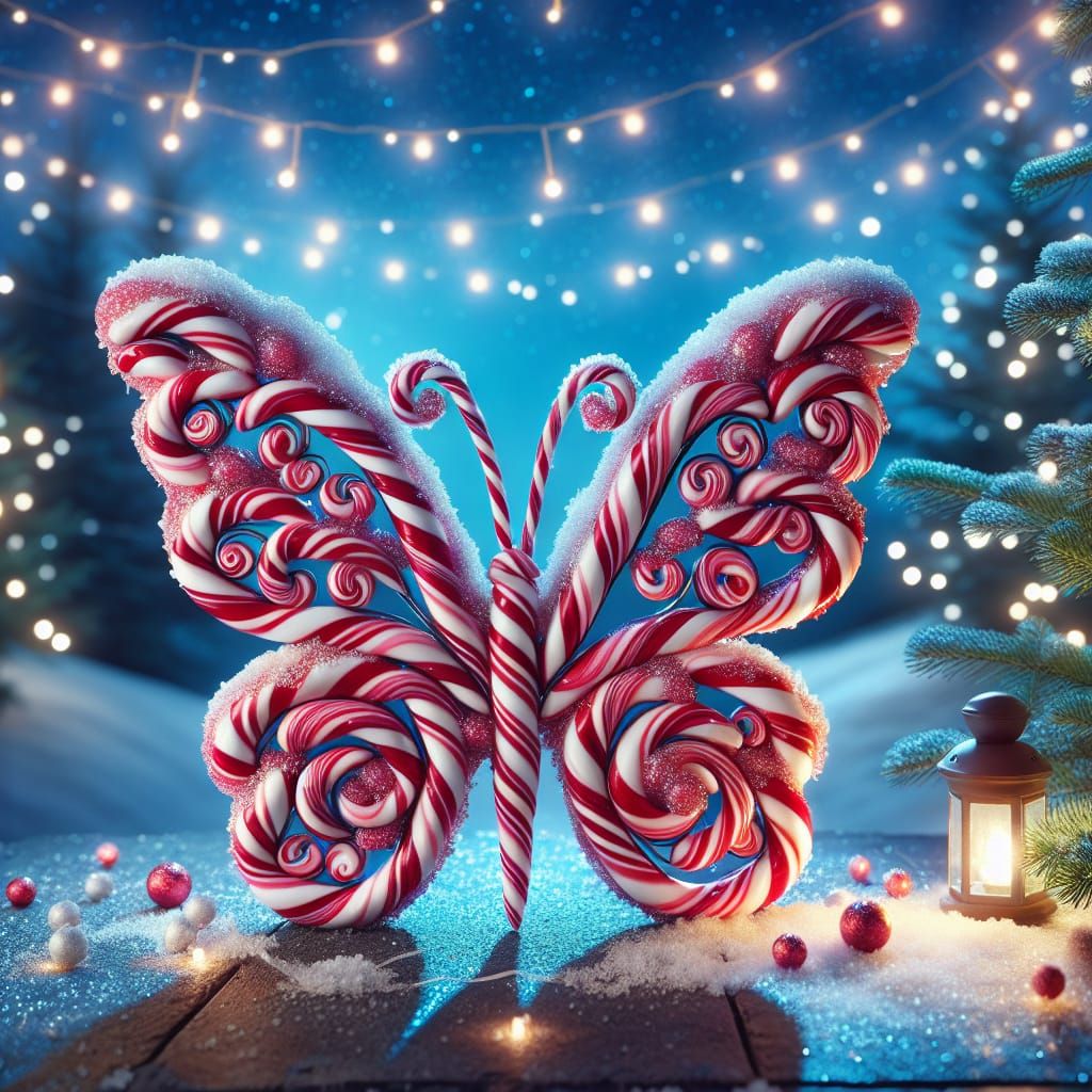 Whimsical Holiday Candy Cane Butterfly under Starry Night Sk...