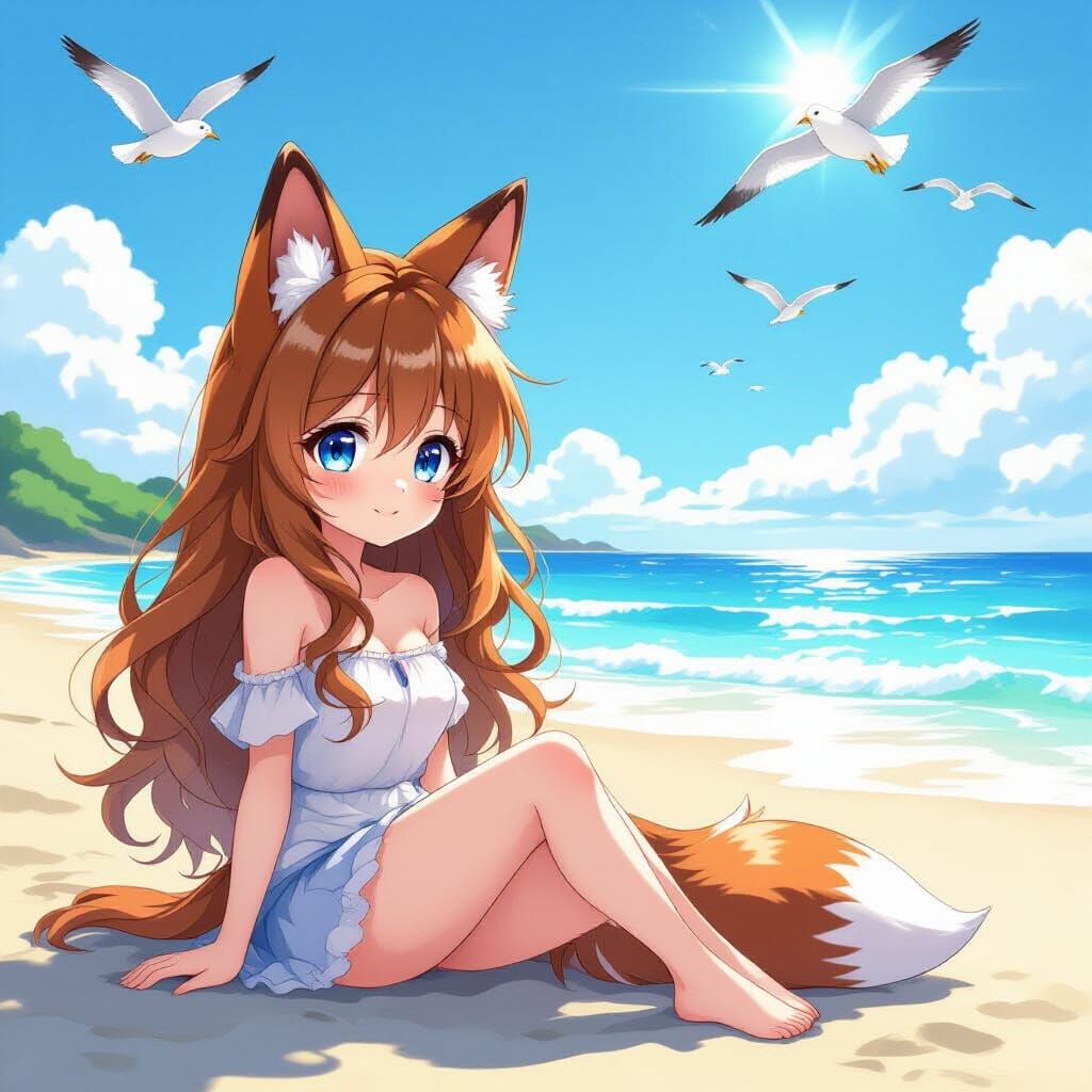 Chibi Fox Girl Relaxing on Sparkling Beach