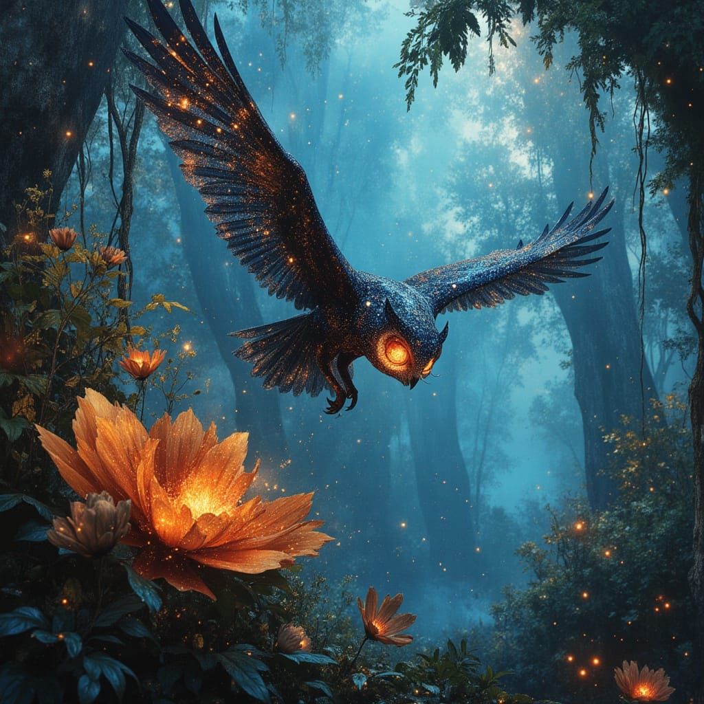 Bioluminescent Owl Soars Through Alien Jungle