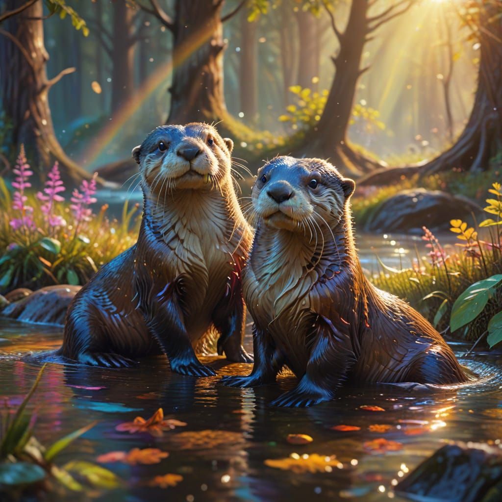 Otters Play in Sunny Glade: Whimsical Oil Painting