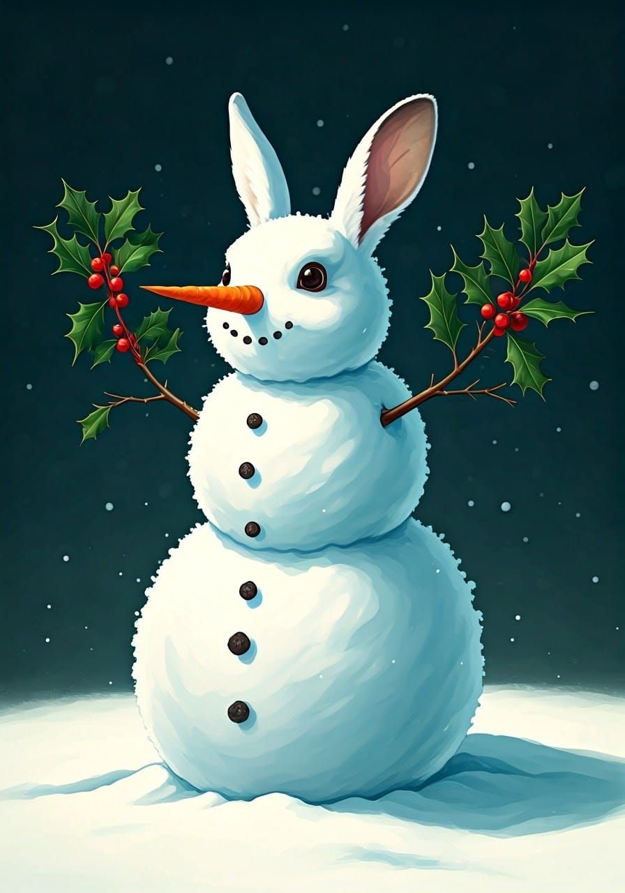 A Rabbit Builds a Snowman with Holly Decorations