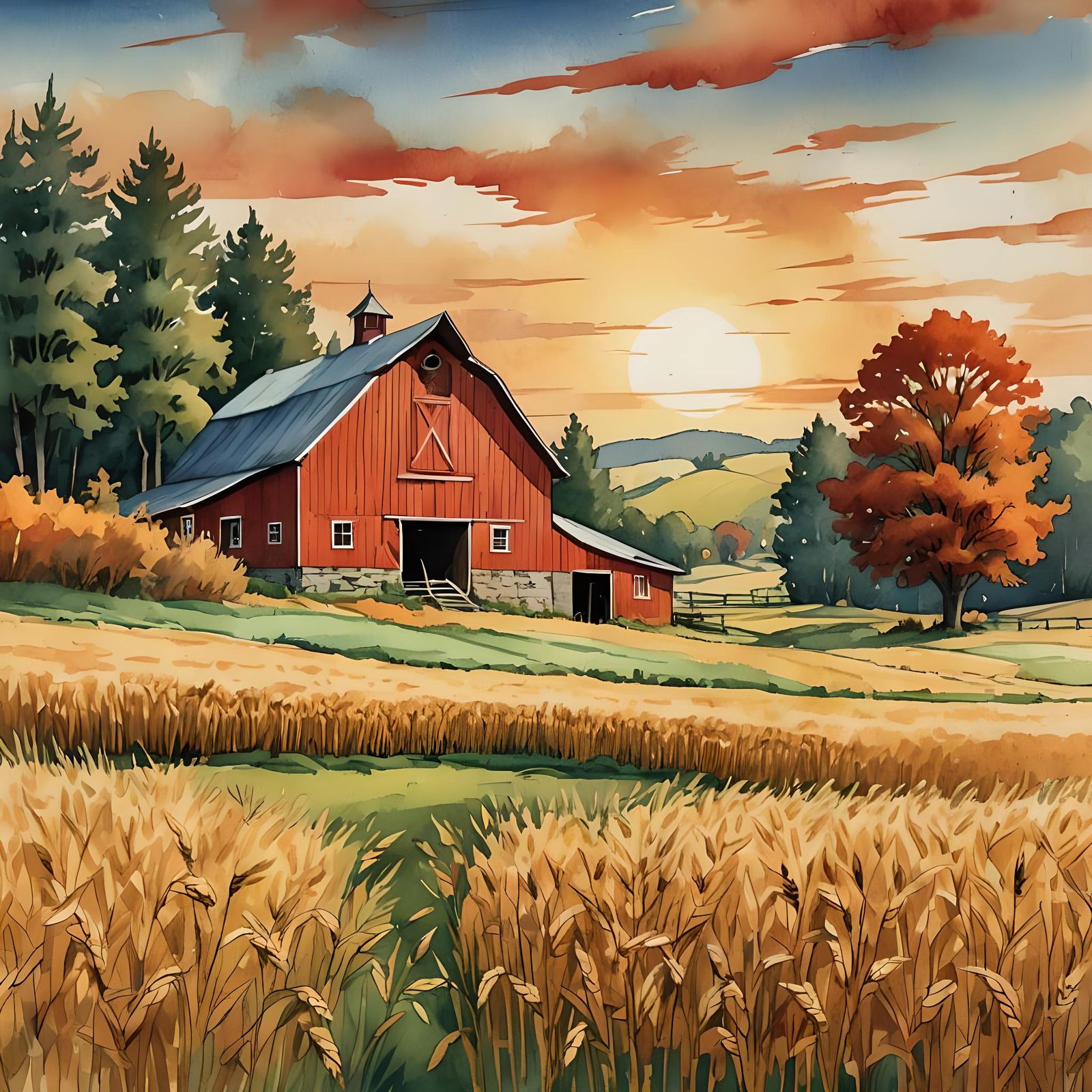 Golden Wheat Field at Sunset in Retro Style