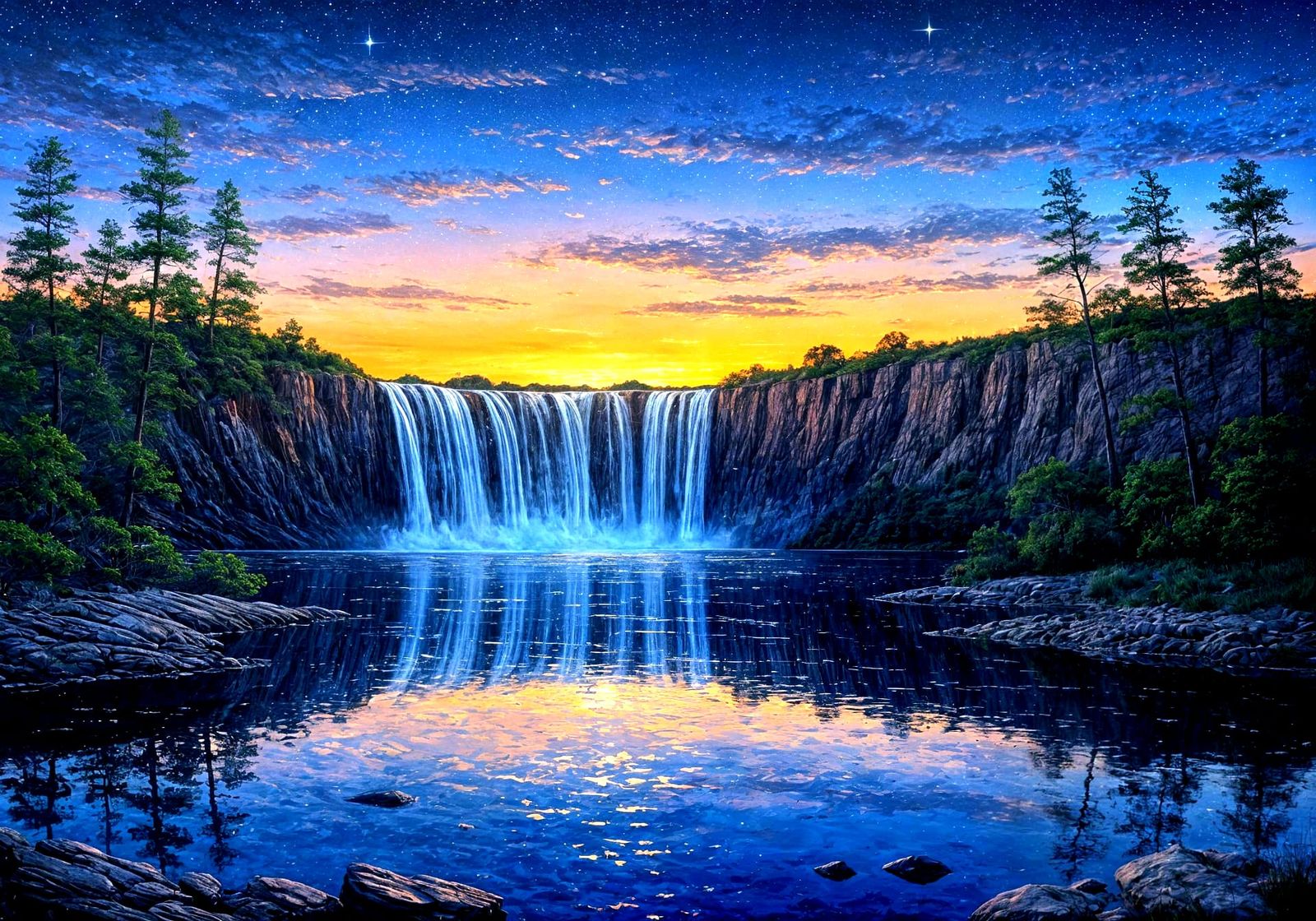 Twilight Waterfall with Starry Reflections as Impasto Painti...