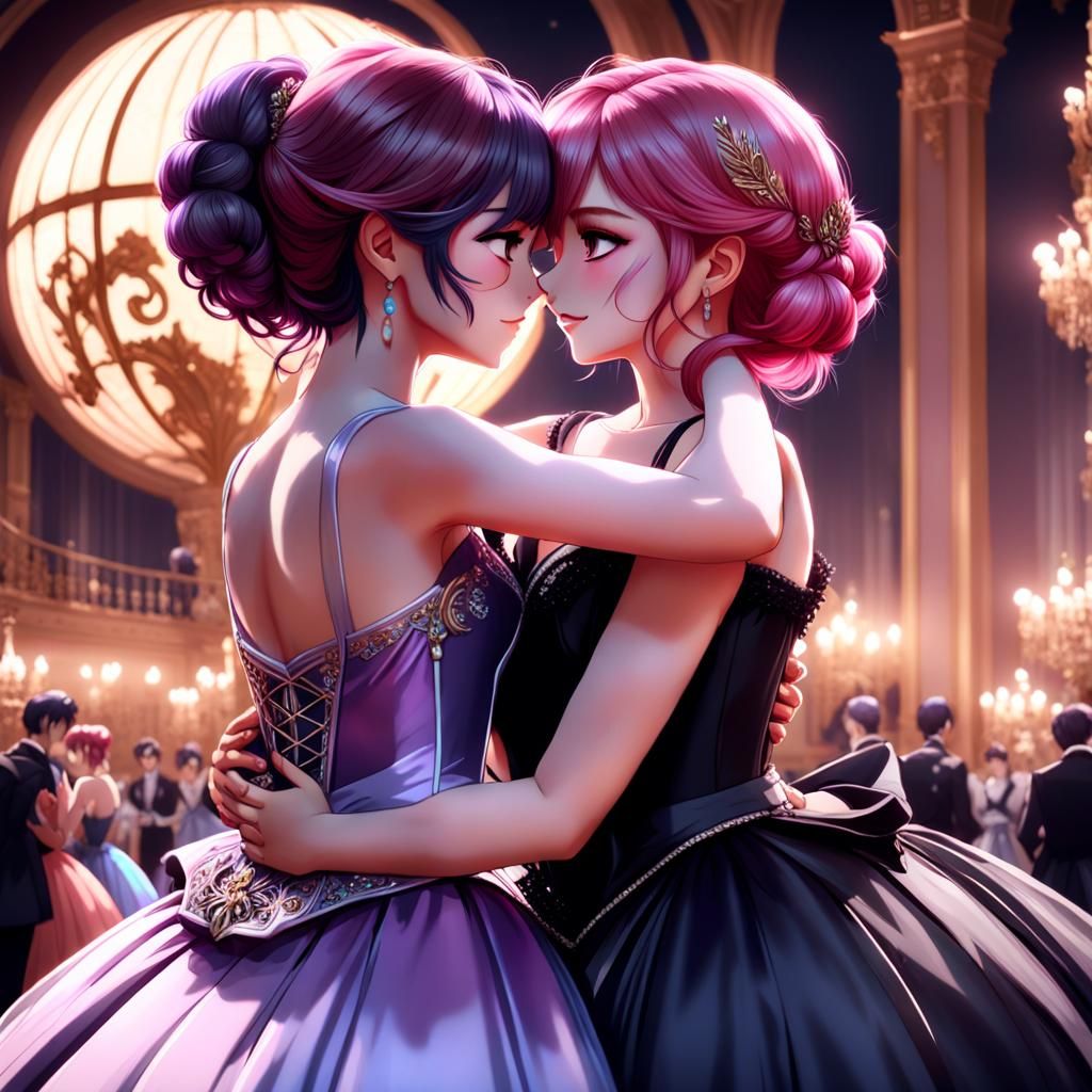 Anime Women Embrace at Ball, Detailed 3D Art