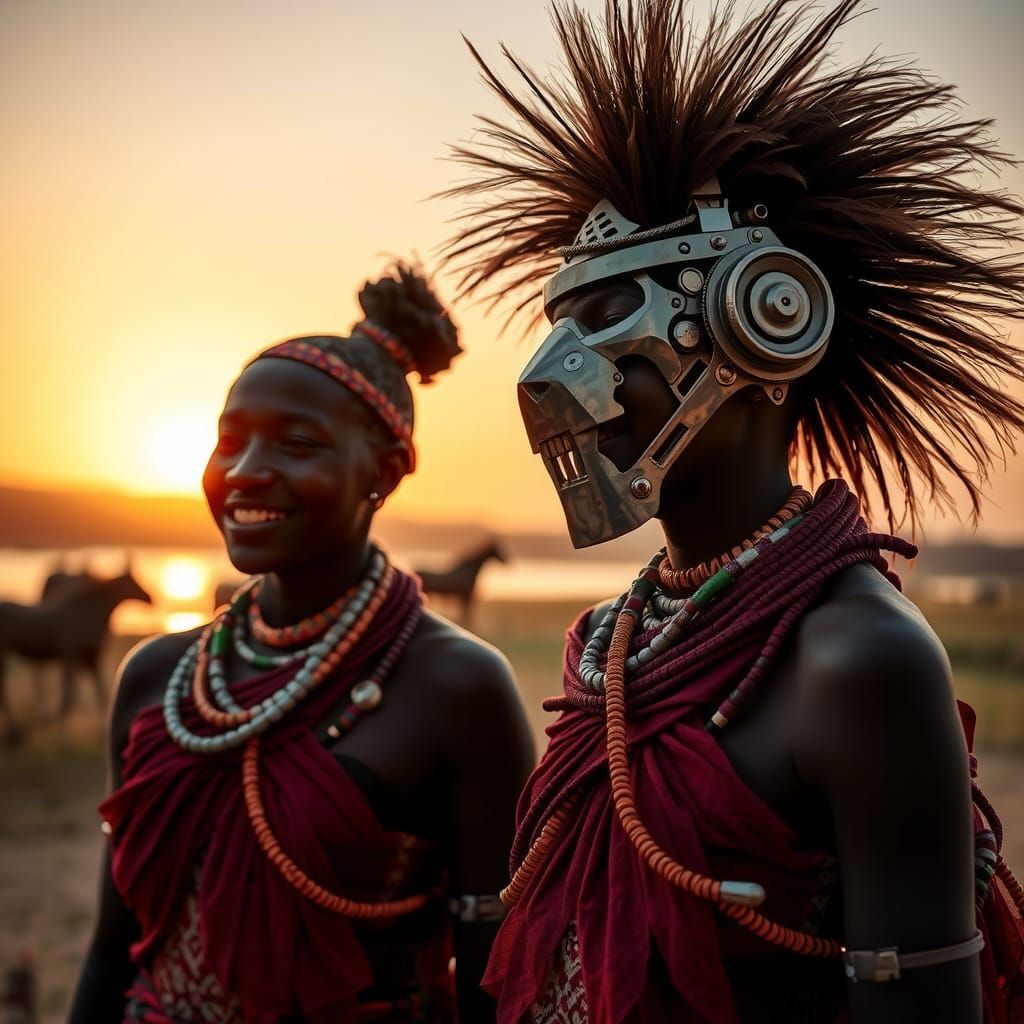 Afrofuturist Maasai Women with Robot Lion Headdress
