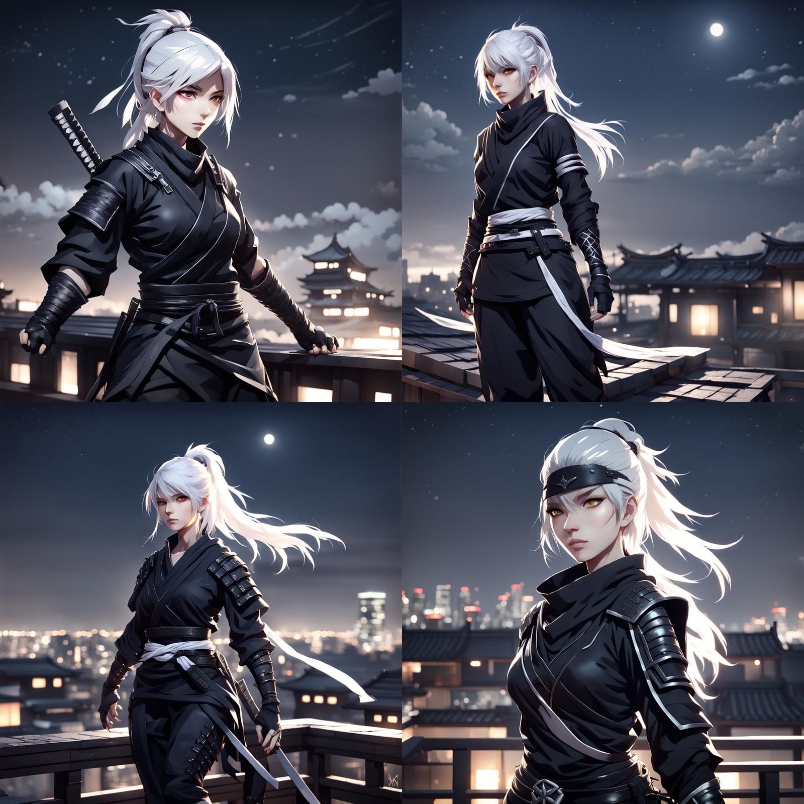 Anime Ninja in Black Armor on Rooftop