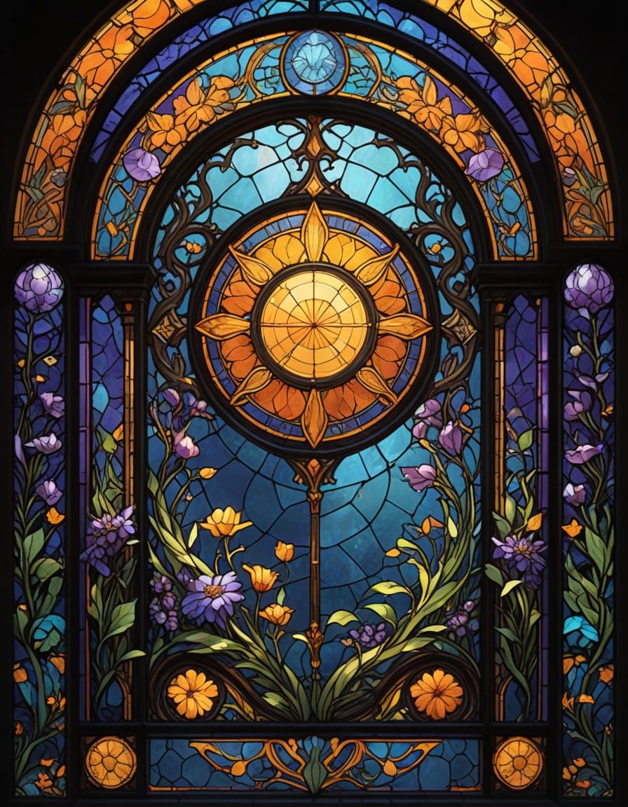 Medieval Stained Glass Window in Vibrant Art Nouveau Style