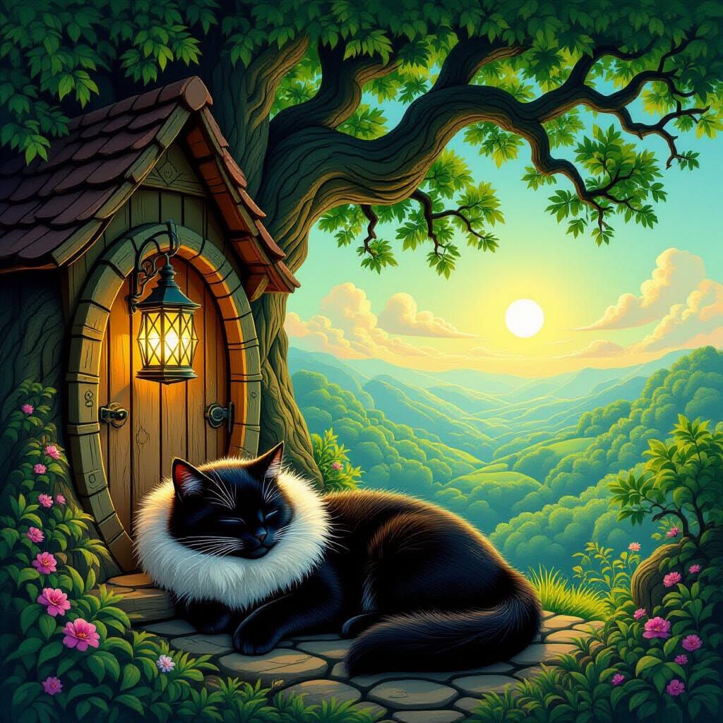 Black Cat in Treehouse, Astral Cosmic Illustration