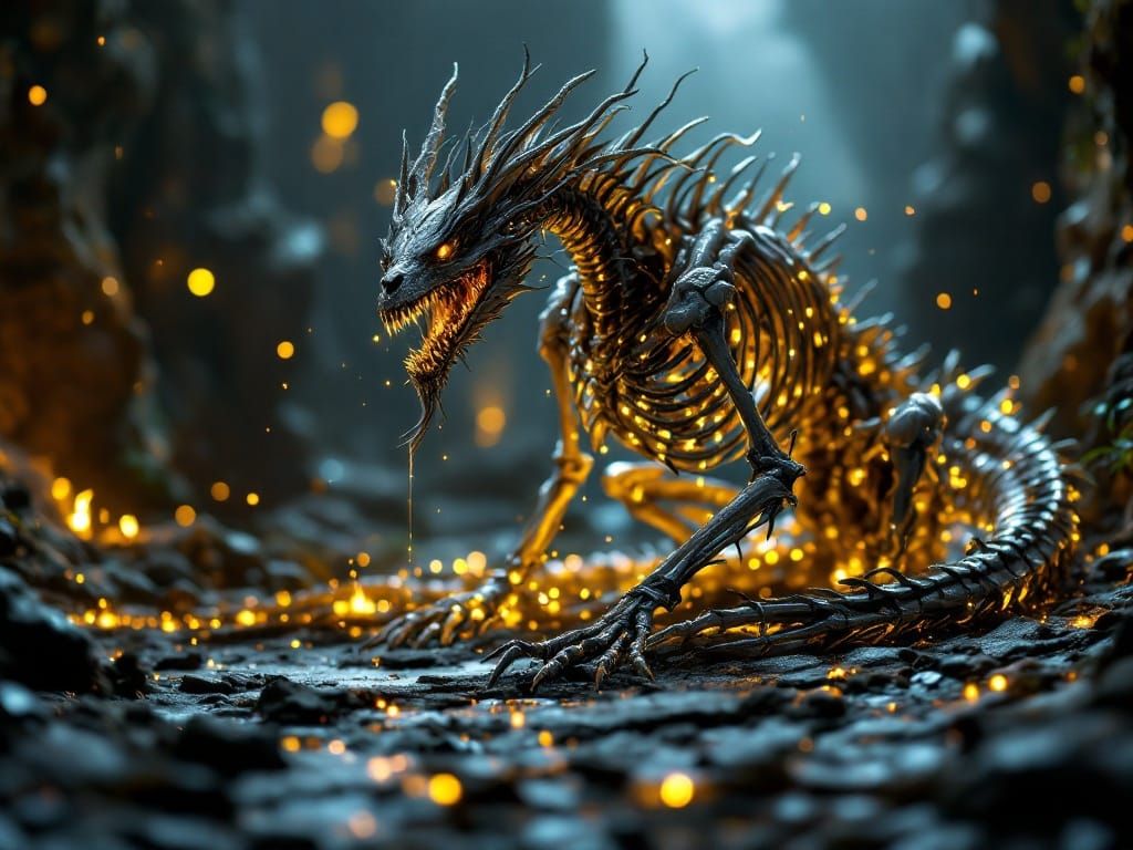 Majestic Skeleton Dragon in Dark, Biomechanical Fantasy Land...