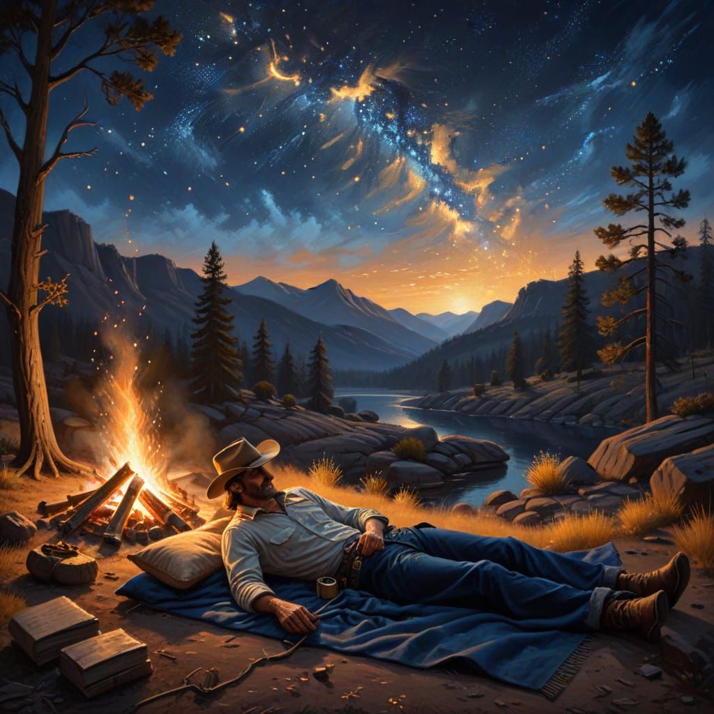 Cowboy Campout Under the Stars: Warm Oil Painting
