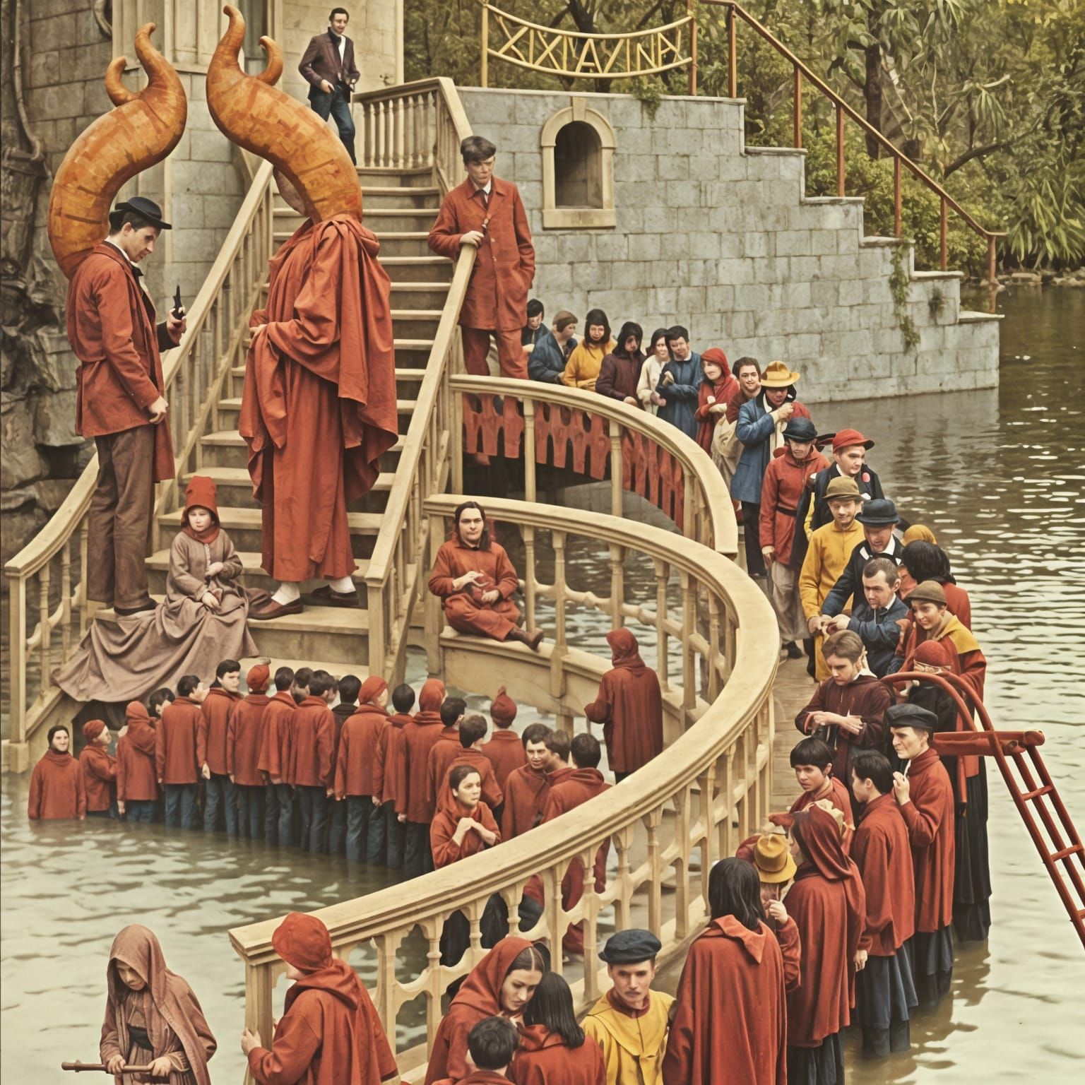 People on Lake Stairs: Surreal Vintage Photo