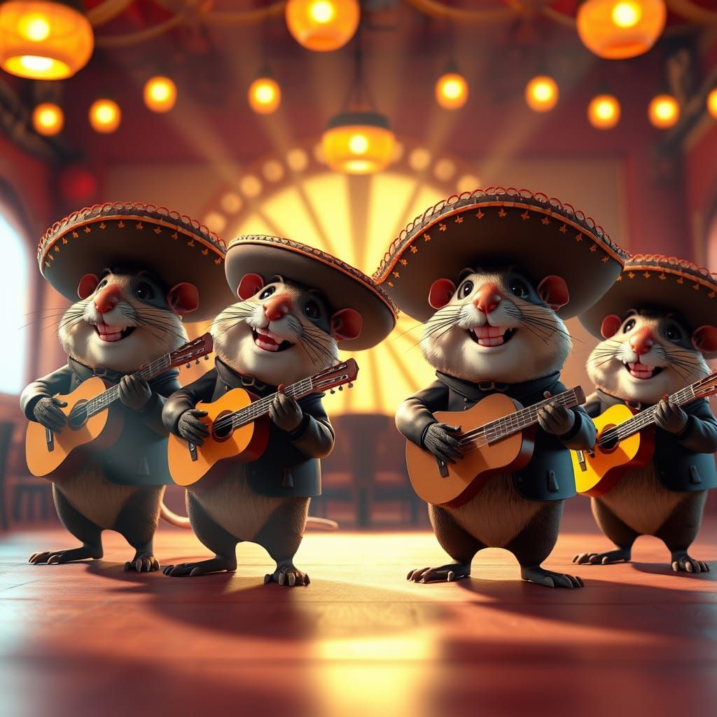 Rodent Mariachi Band in Pixar-Inspired 3D Style