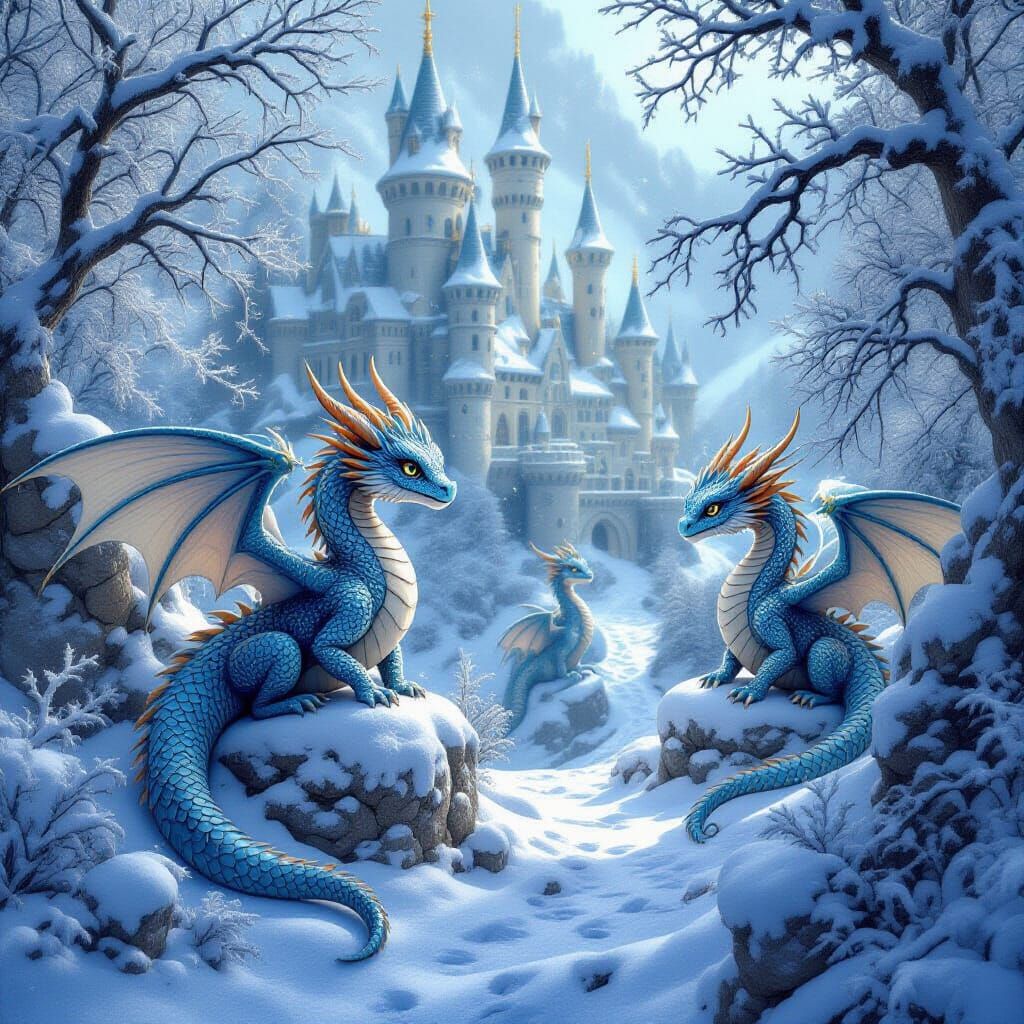 Tiny Dragons Frolic in Snow Globe Castle