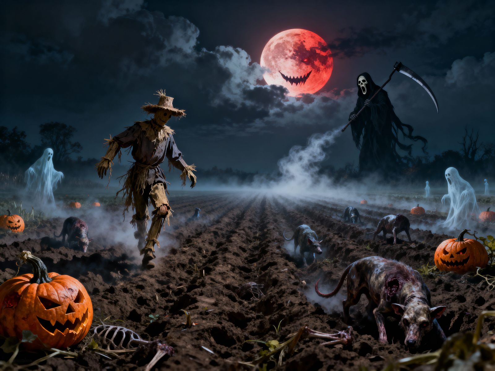 Scarecrow in Eerie Night Field Under Blood Moon