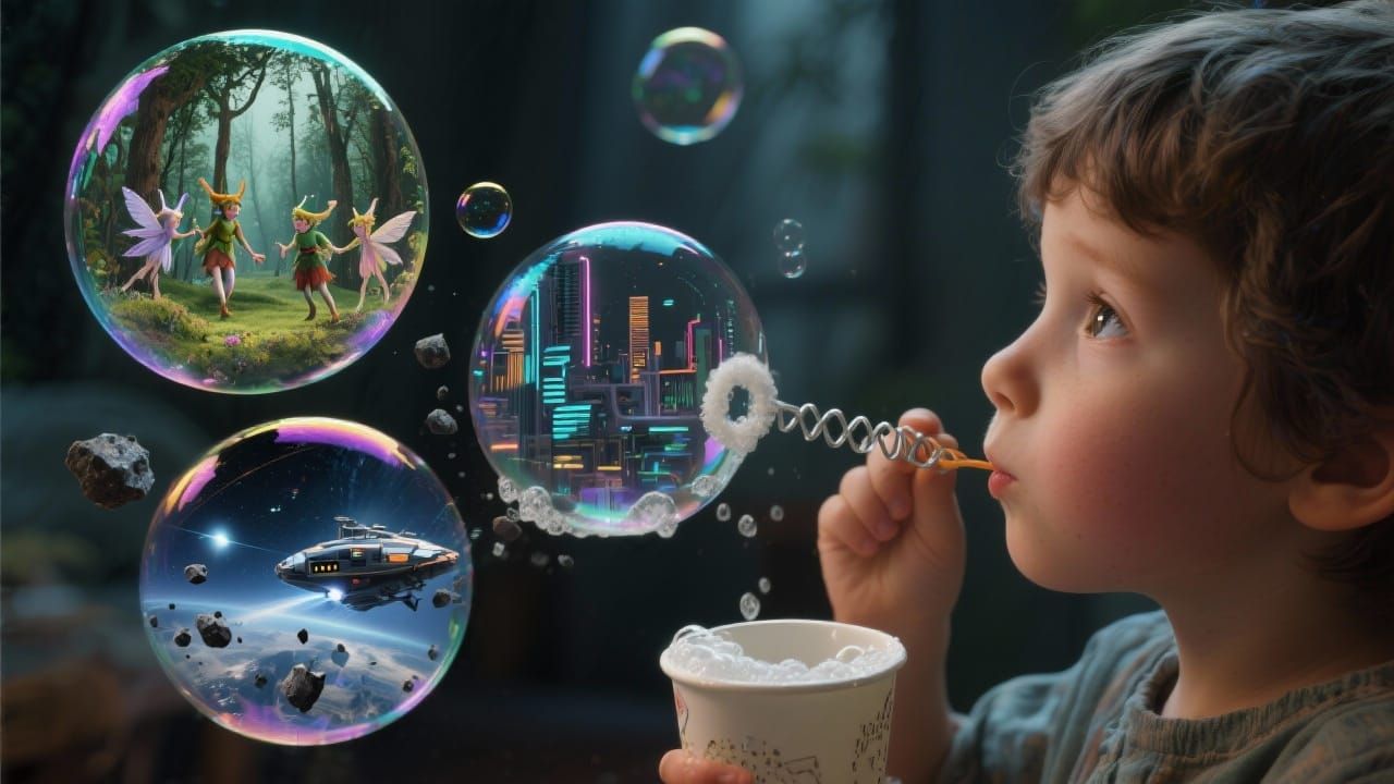 Child Blows Bubbles With Magical Worlds Inside