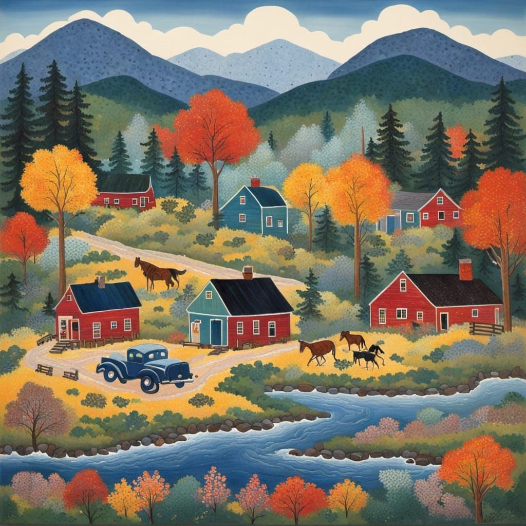 Vibrant Morning Drive in Folk Art Style