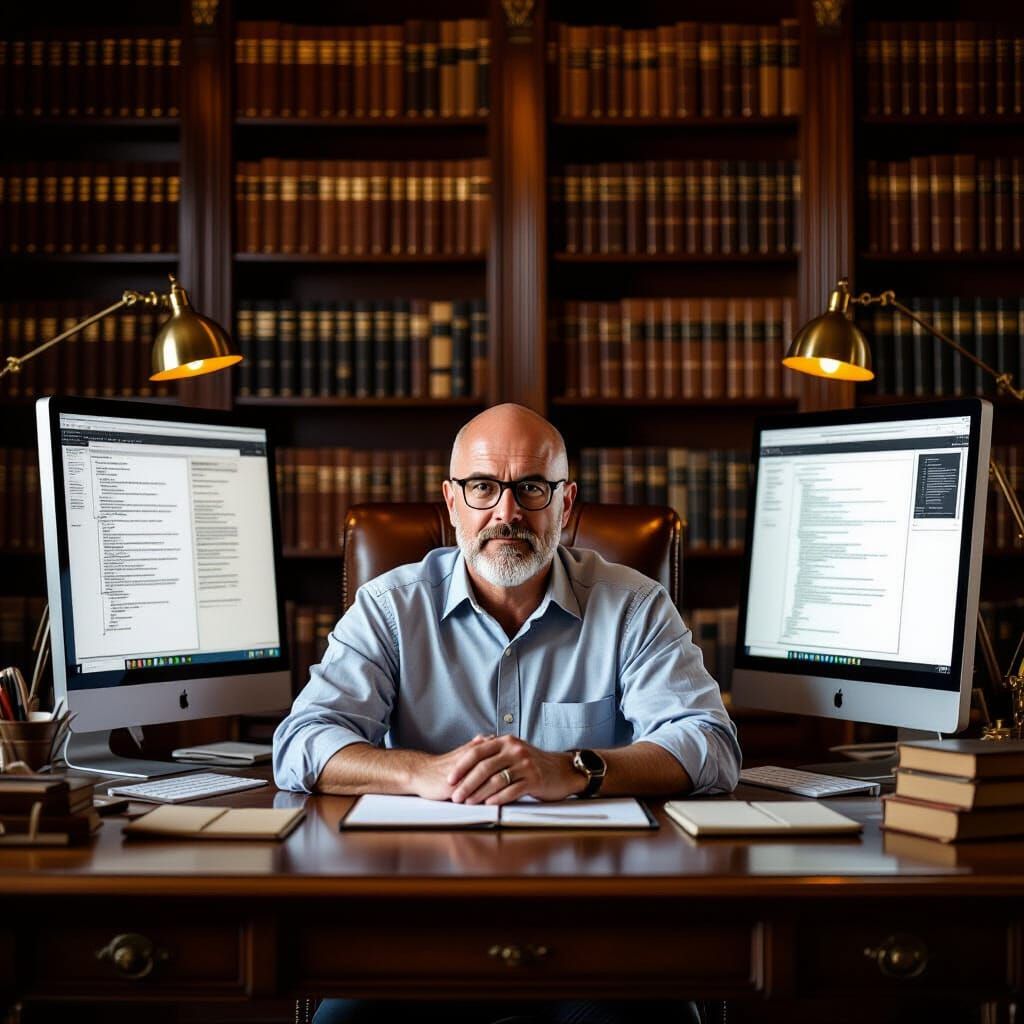 Author Working on Computer in Library, Digital Brushstrokes