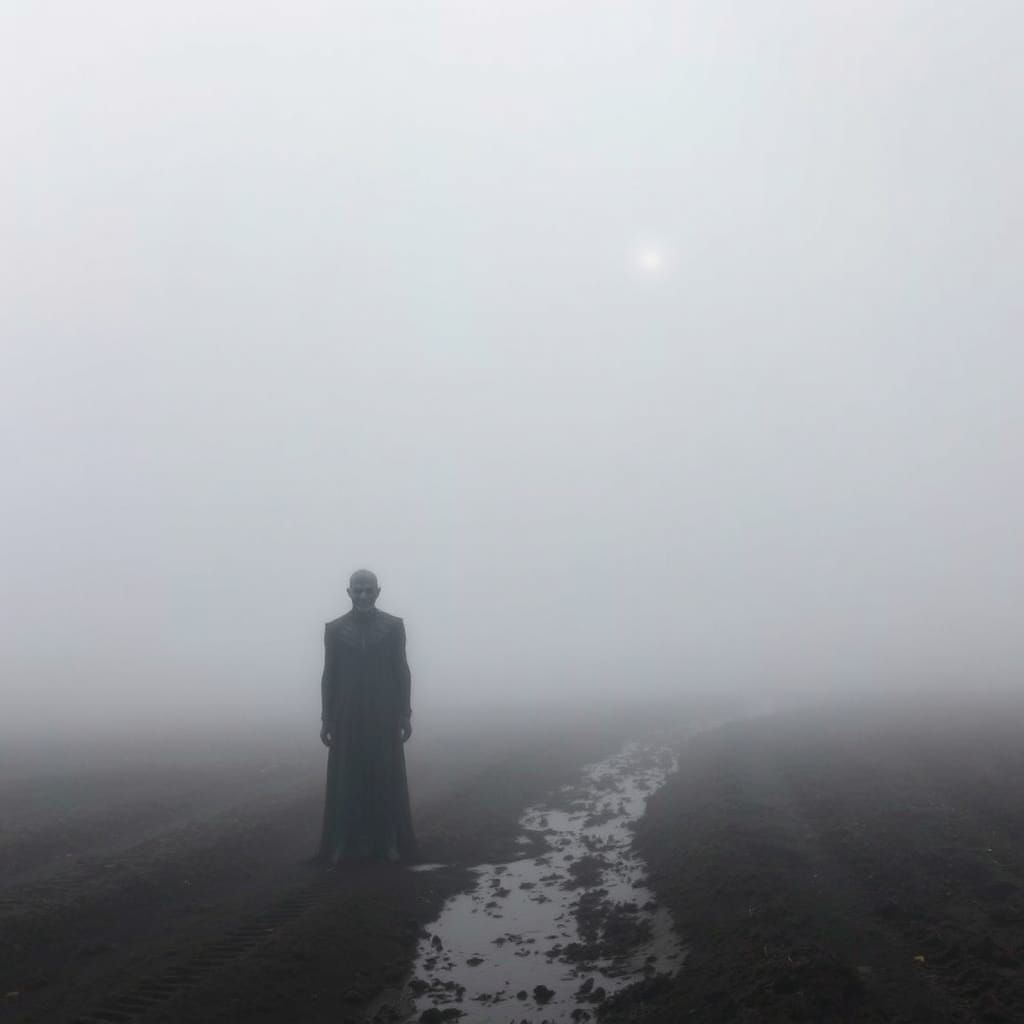 Terrifying Alien Figure in Fog-Shrouded Field