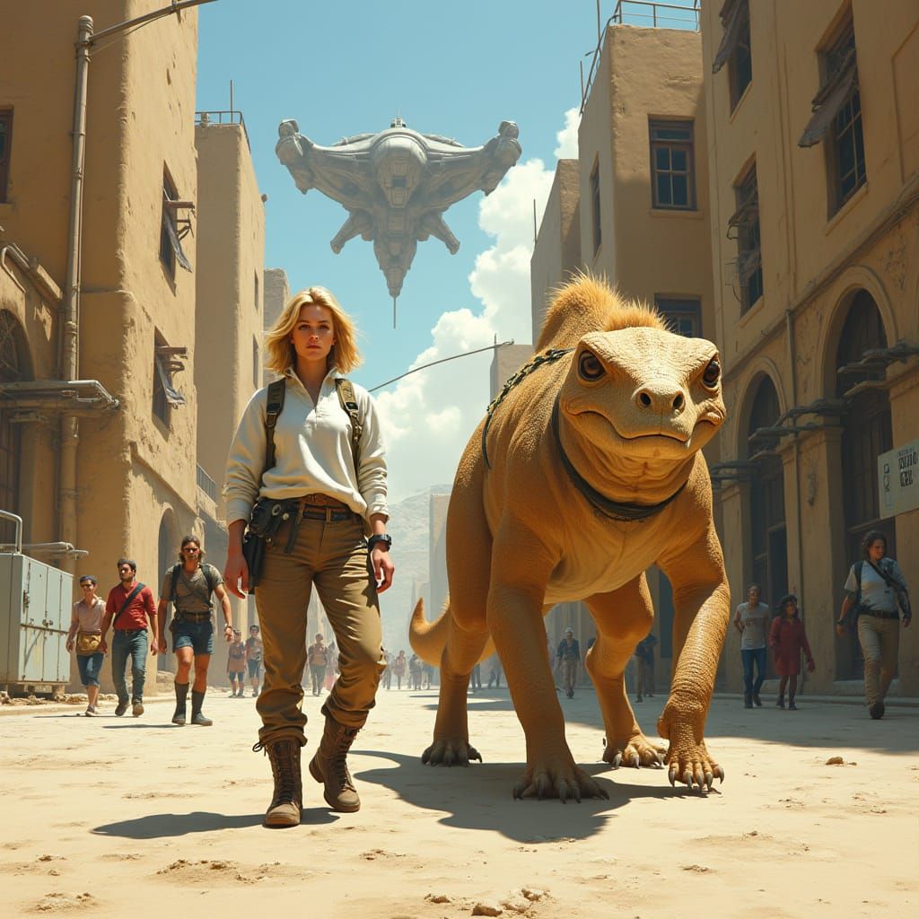 Confident Futuristic Warrior Beside Majestic Reptilian Pack ...