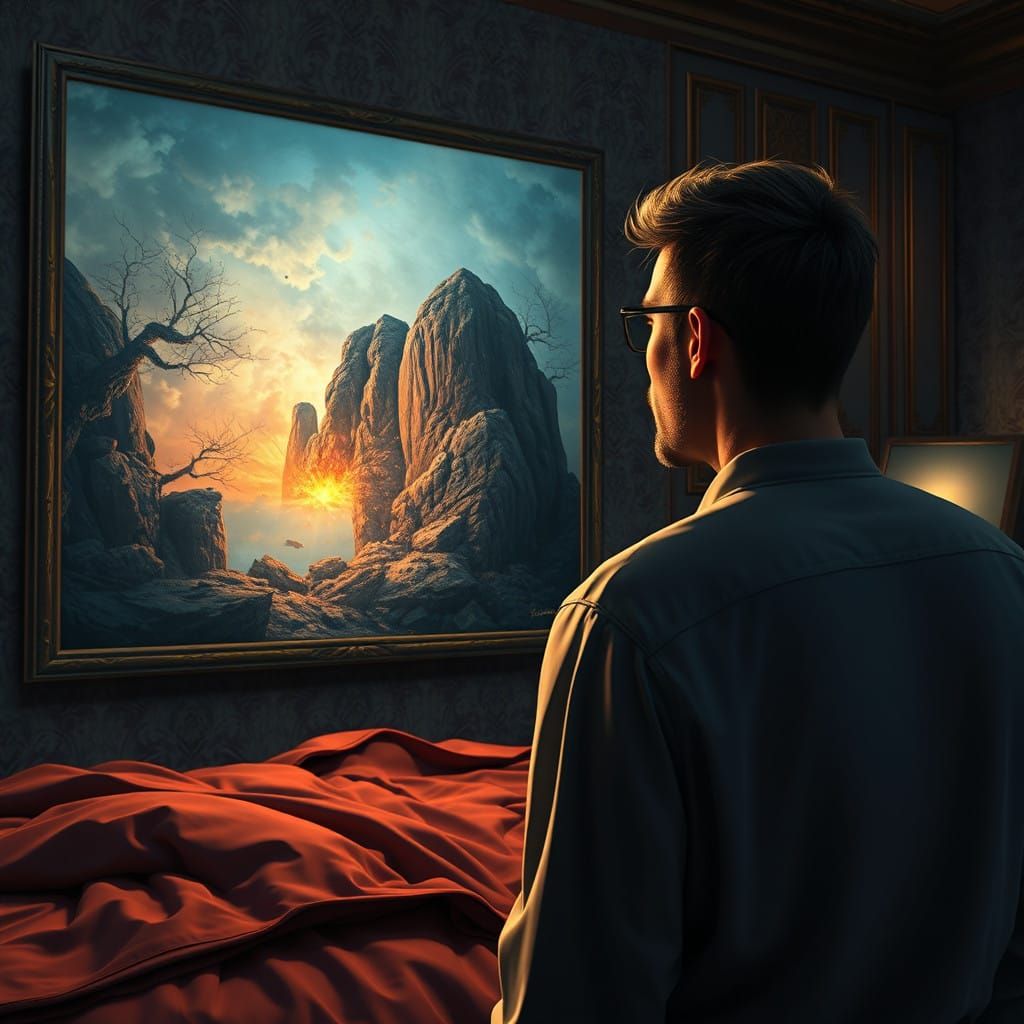 Man Watches Breathtaking Fantasy Painting in His Bedroom
