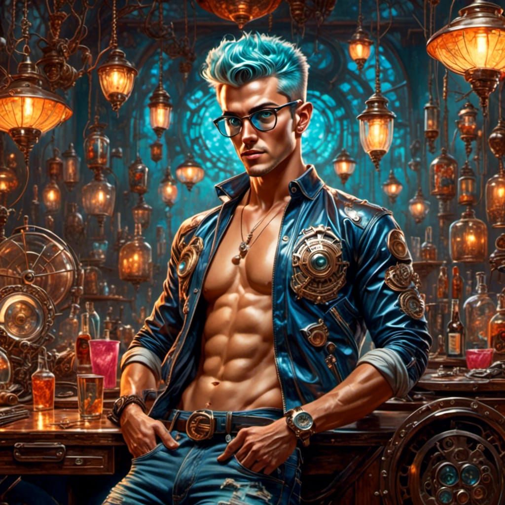 Cyberpunk Hunk Leaps in Rose Garden with Energy Crystal