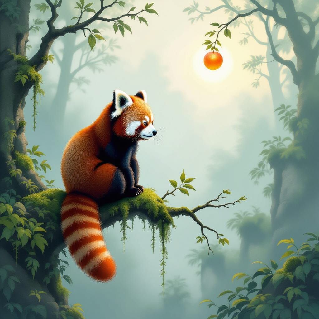 Red Panda in Misty Forest Overlooking Glowing Fruit