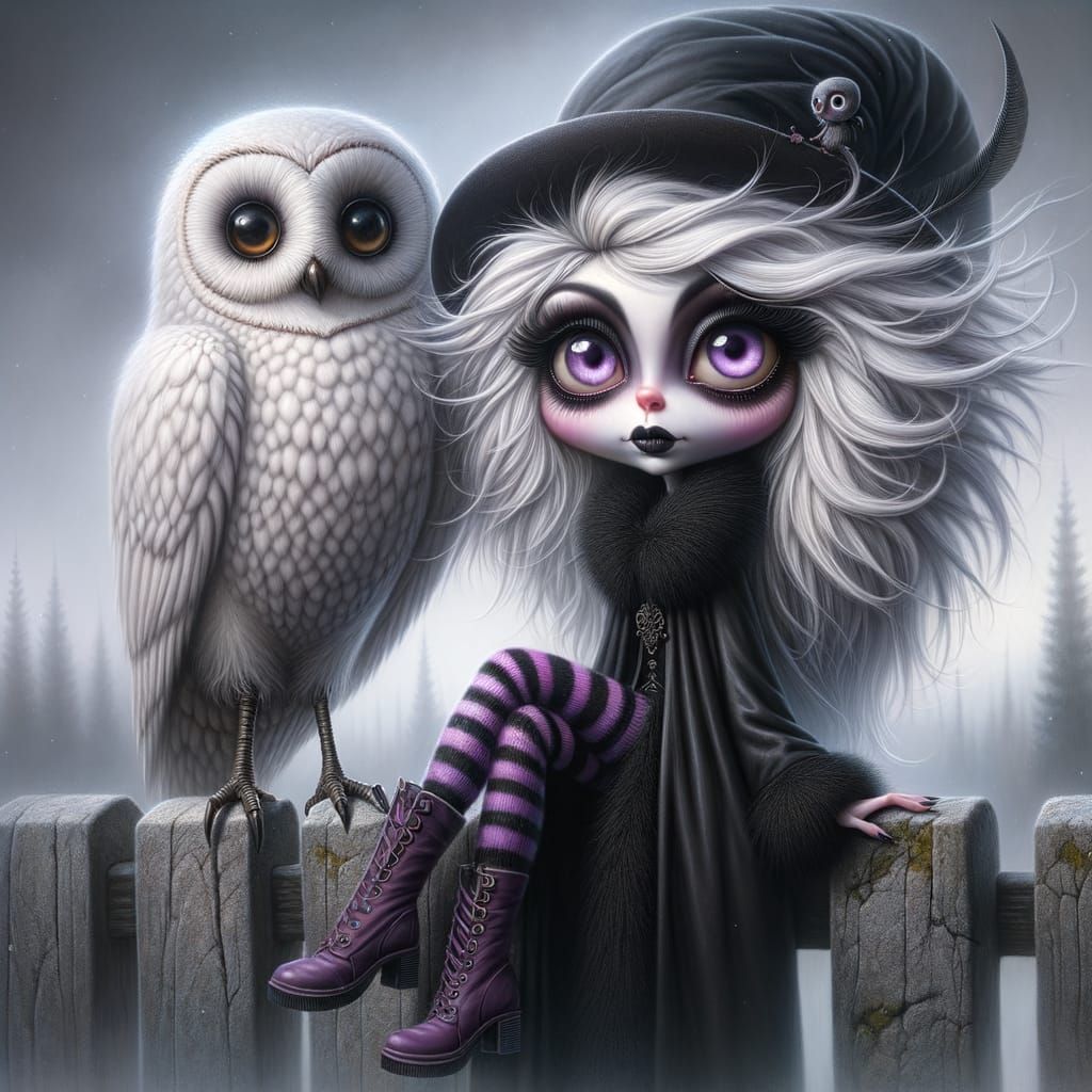 Gothic Doll and Owl in Dark Surrealist Oil Painting