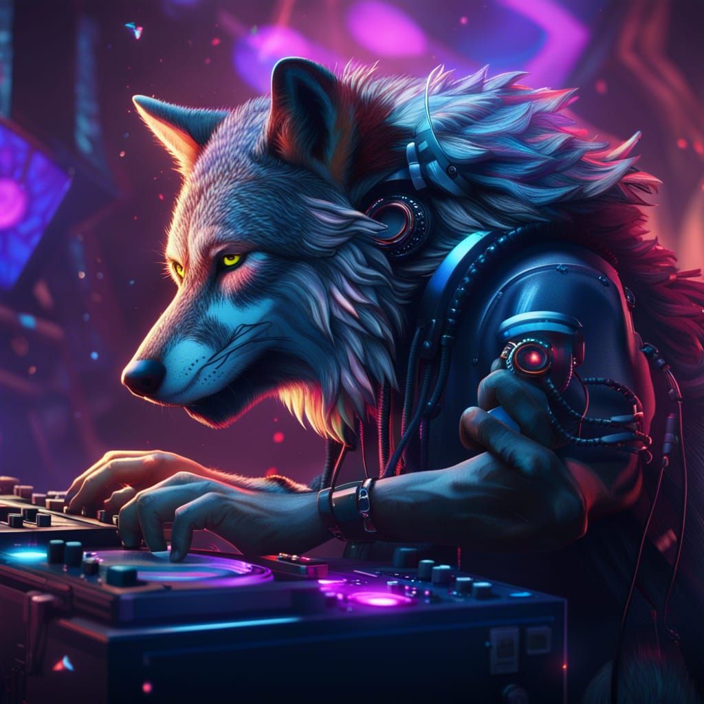 Wolf DJ Plays Music: Detailed Fantasy Concept Art
