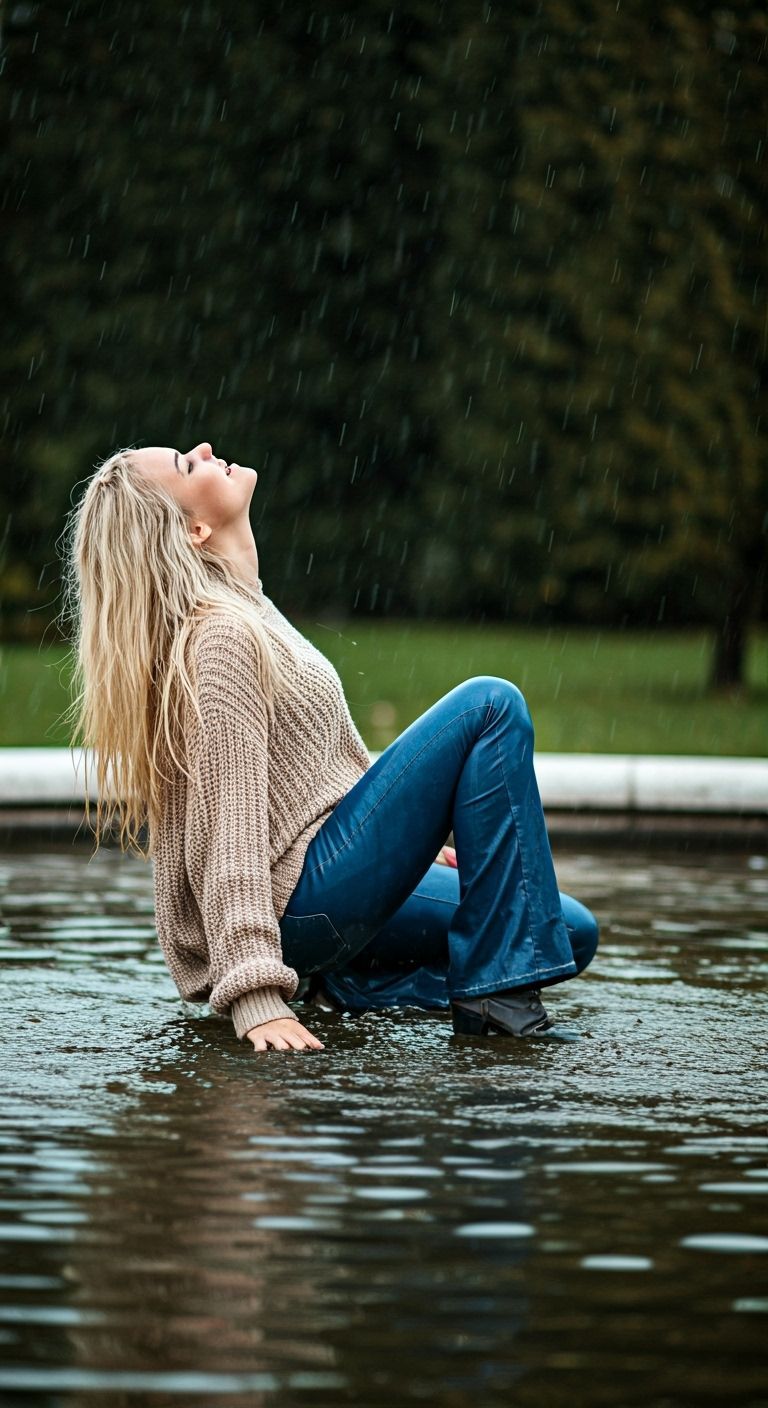 Woman Laughing in Rainy Fountain: Intimate Realism