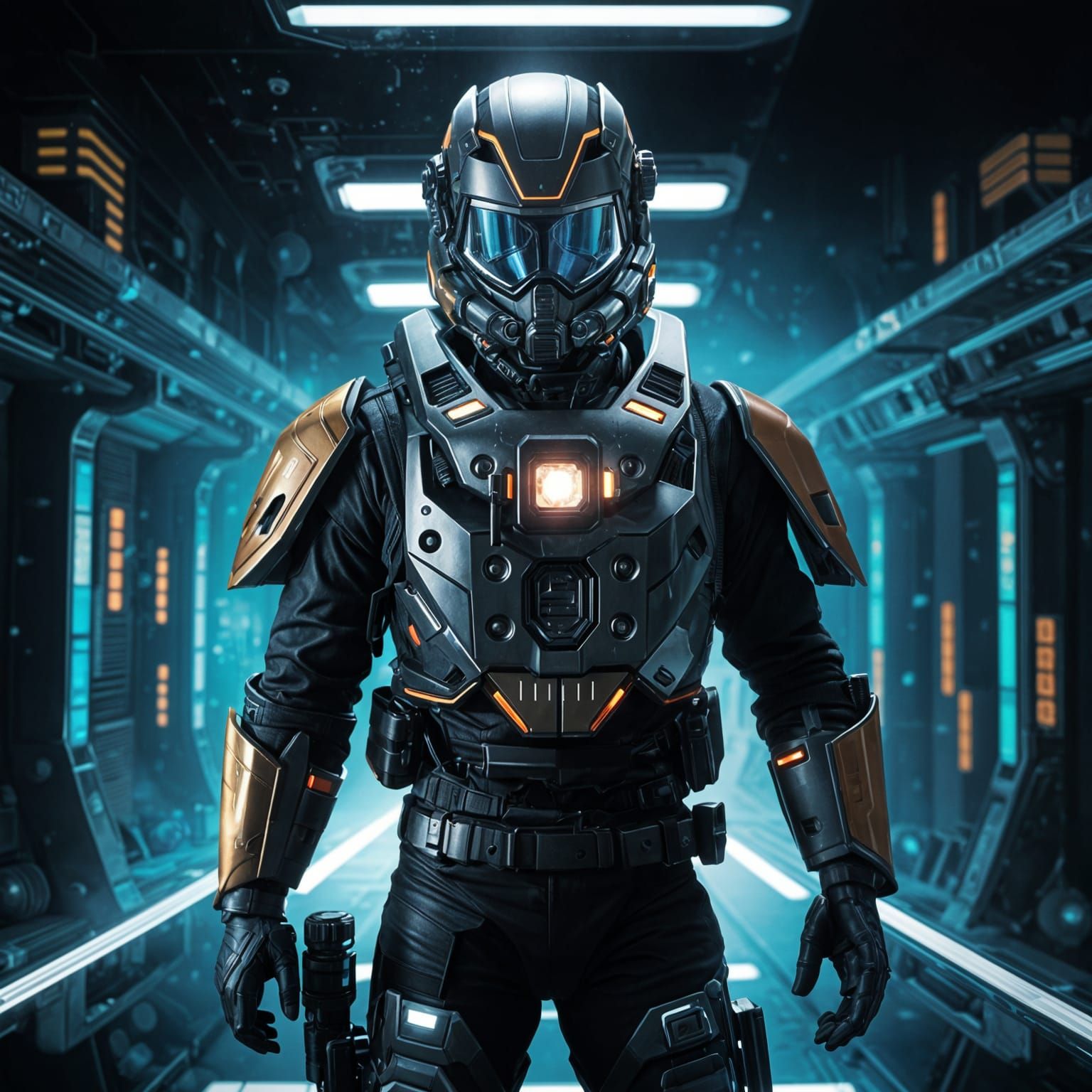 Futuristic Soldier Soaring Through Dystopian Cityscape