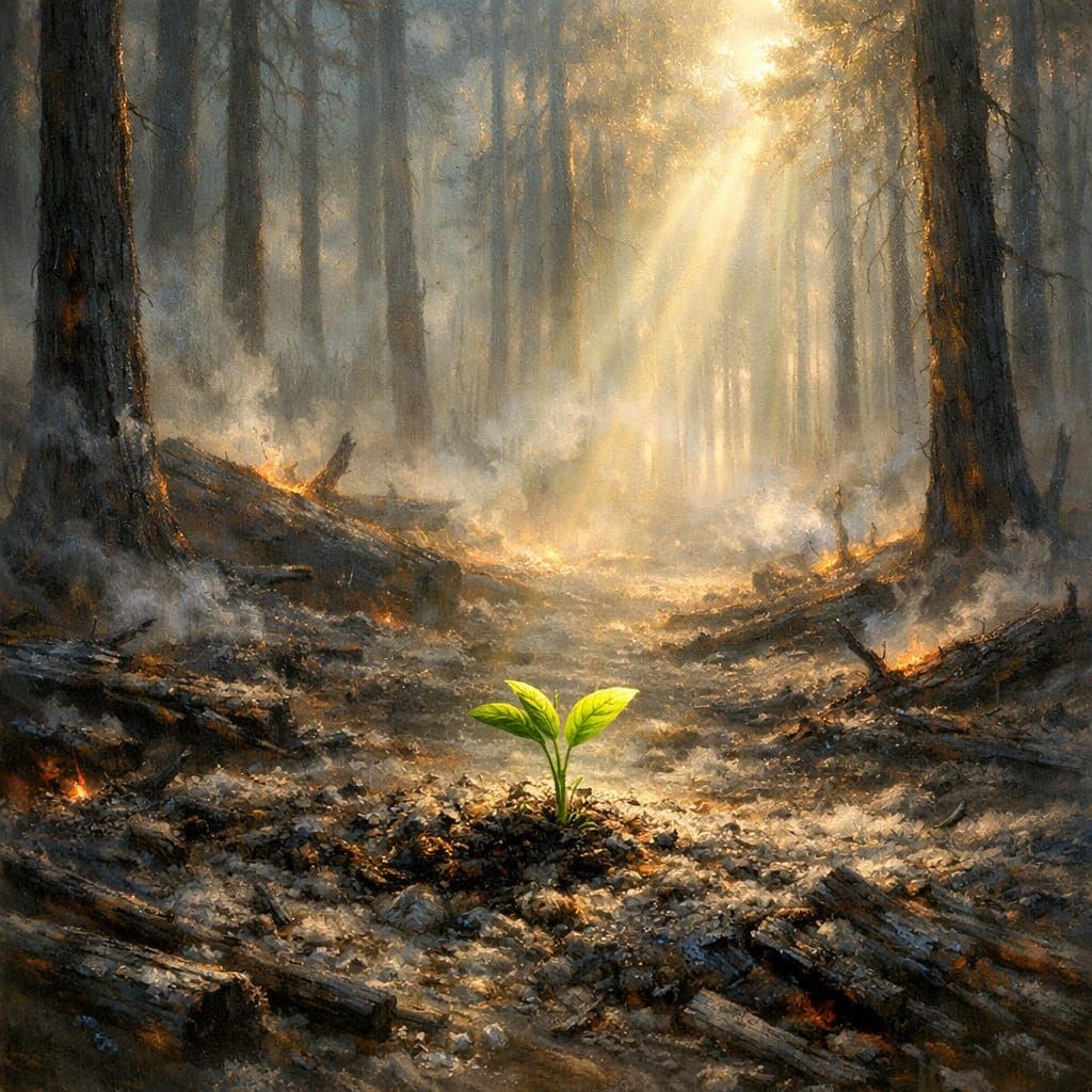 Hope Sprouts in Smoldering Forest Amidst Ashes