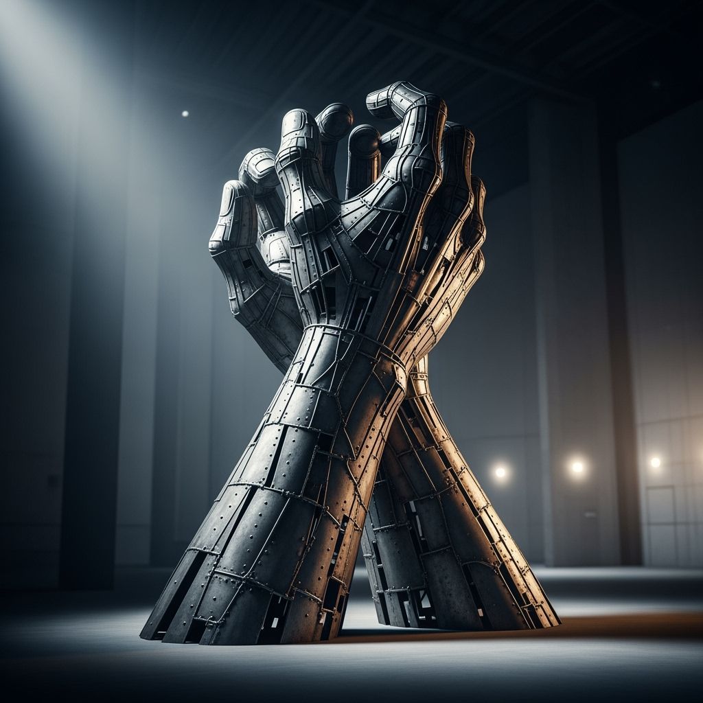 Monumental Sculpture of Intertwined Hands in Industrial Sett...